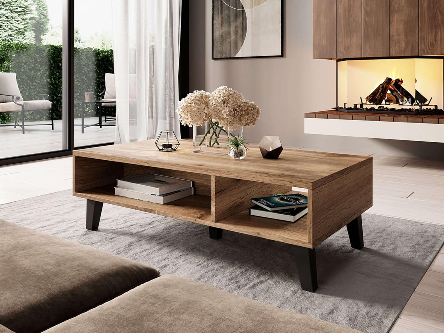 Best Mobilier - Table Basse Lord Rectangulaire en Bois Gris avec Rangements 2 Niches - Salon Industriel/Vintage/Rétro