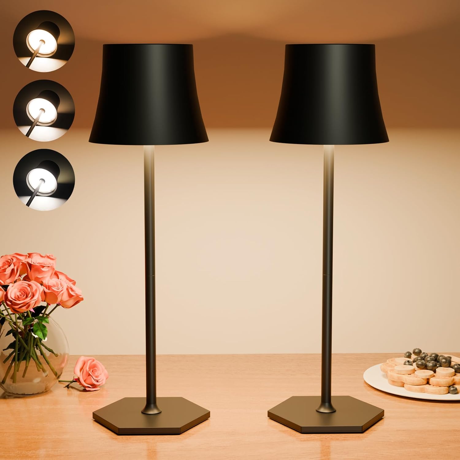 Lampe Table LED Rechargeable Sans Fil,Réglage Tactile.Batterie 5000mAh,Chargement USB,IP54 Étanche,Peut Être Poser Bureau,Chevet,Chambre,Extérieur,Salon Lampes,Veilleuse (2 pièces, black)