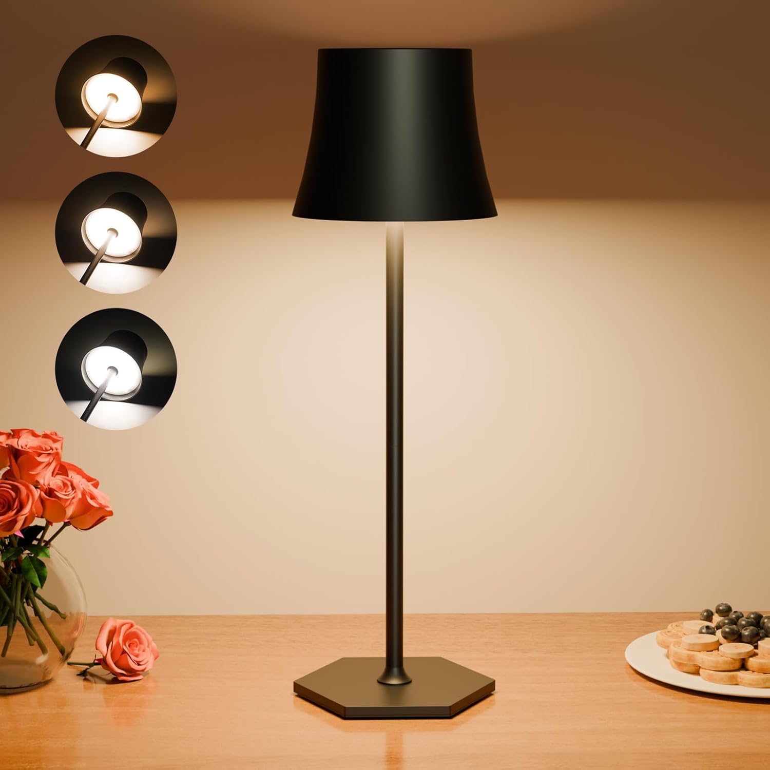 Lampe Table LED Rechargeable Sans Fil,Réglage Tactile Batterie 5000mAh,Chargement USB,IP54 Étanche,Peut Poser Bureau,Chevet,Chambre,Extérieur (1 pièce, noir)