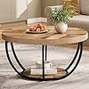 Table basse ronde de cocktail industrielle moderne à 2 niveaux avec étagères, table d'appoint de canapé circulaire avec pieds en métal pour le salon, la maison, grain de bois
