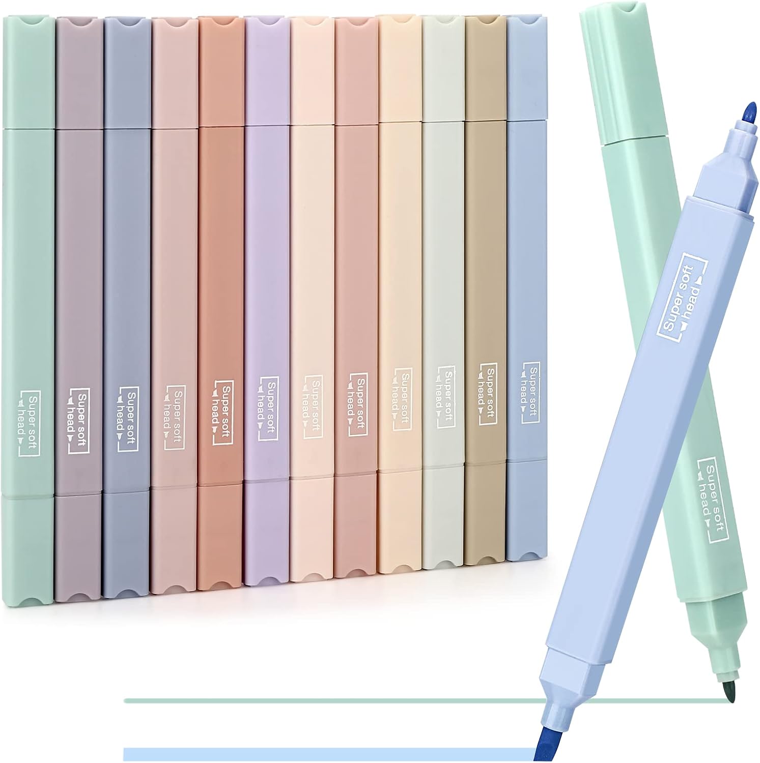 Double Tête Surligneurs Pastel Esthétiques 12pcs, Couleurs Assorties No Bleed Dry Fast Easy to Hold pour Journal Bible Planner Notes School Office Supplies
