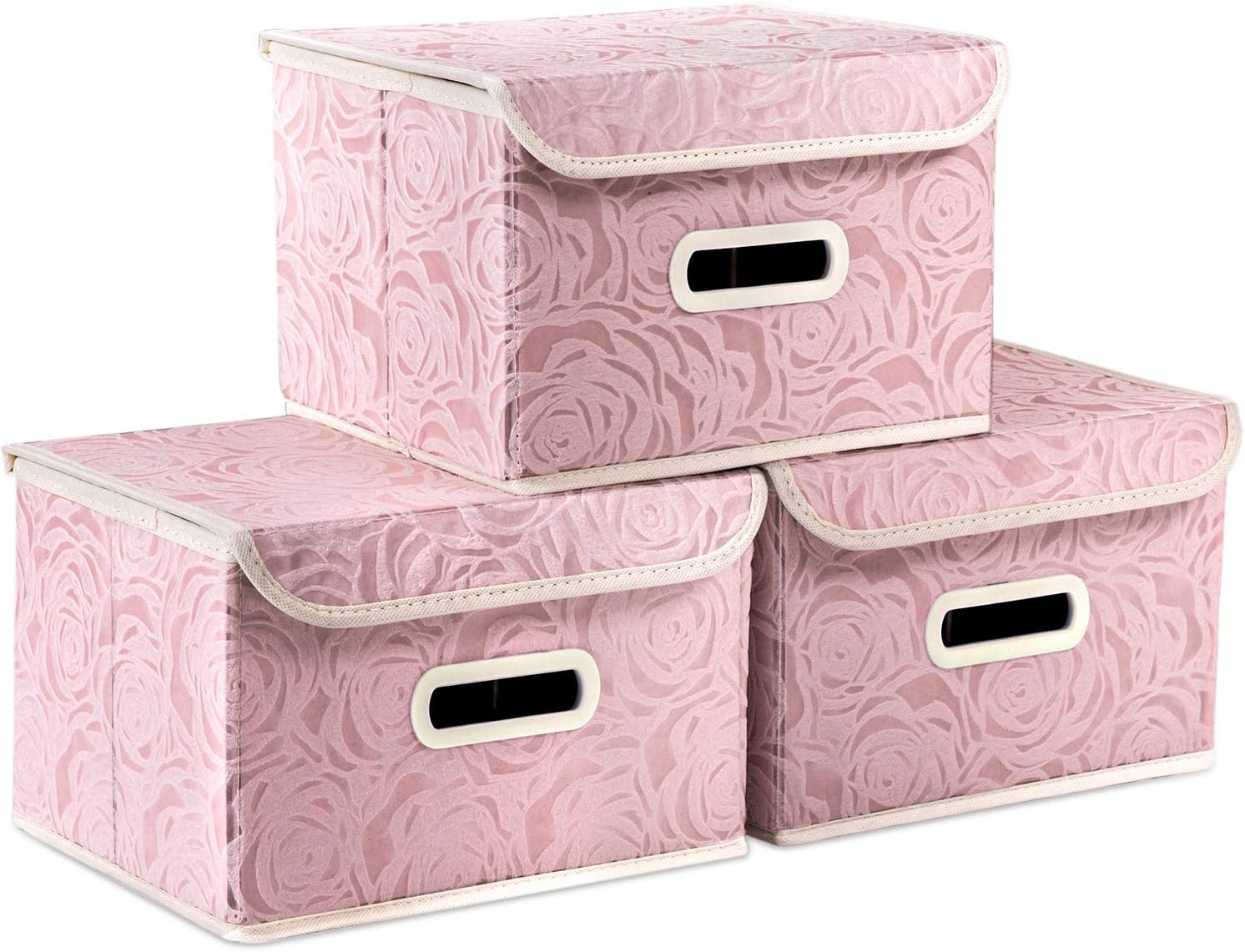 Prandom petit boîtes de rangement pliables avec couvercles [3 paquet] Boîte de rangement décorative en tissu Organisateur de cube, rose 25 x 20 x 17 cm