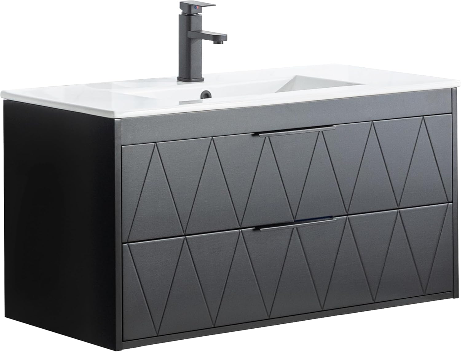 Meuble sous Lavabo Suspendu 90cm, avec Lavabo en Céramique, Robinet, 2 Grands Tiroirs, Meuble Salle de Bain, Motif Ligne, Style Ligne Scandinave (Noir(avec Lavabo), 90 x 45 x 46cm)