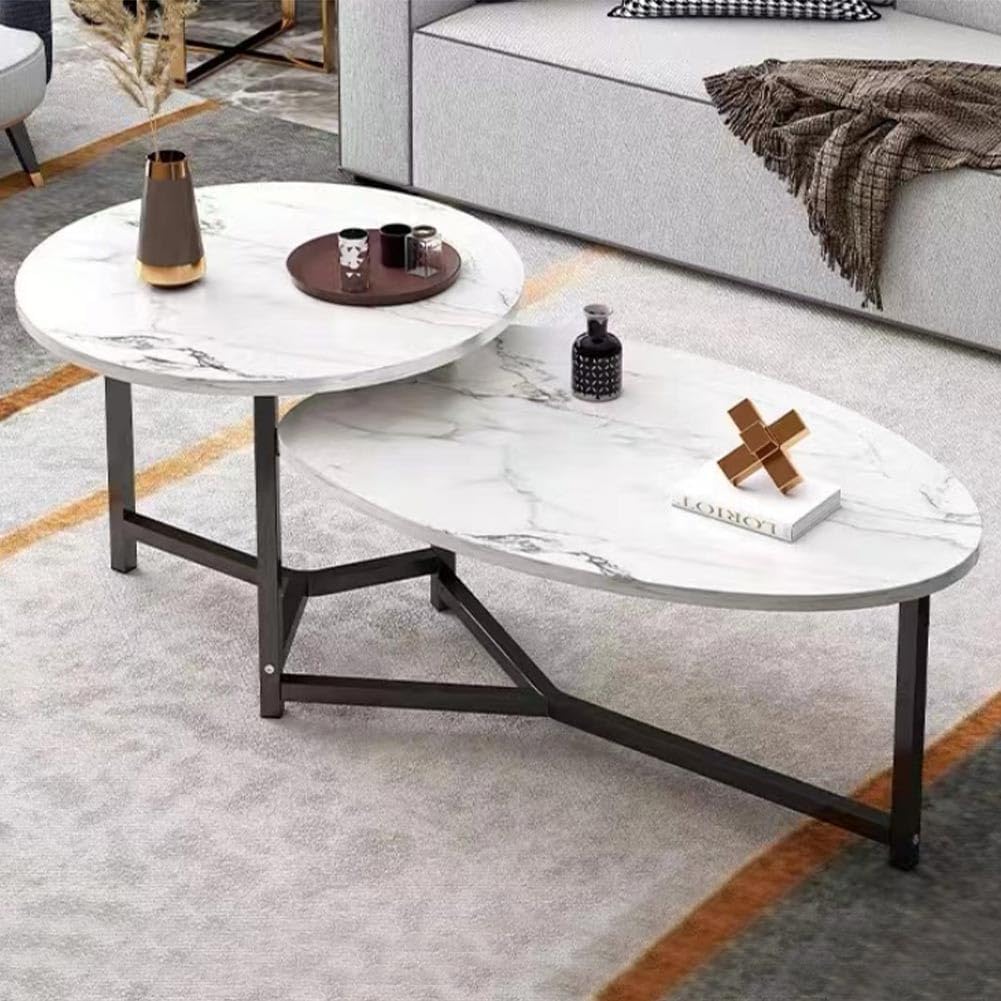 Shally Dogan Table Basse avec 2 étagères, Design Luxueux, Effet marbre, Table Basse, élégante, Haut de Gamme, Ronde et Ovale, 2 Niveaux, idéale pour Salon, Salon, Bureau (Blanc)