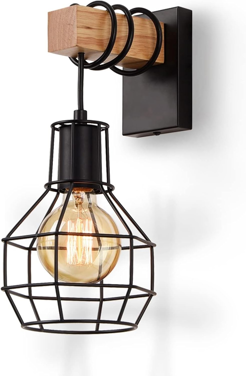 Applique Murale Cage Intérieur, Vintage Éclairage Mural Industriel en Métal et Bois, Luminaire Lamp Murale Base E27 pour Chambre Cuisine Salle à Manger, Noir Sans Ampoule