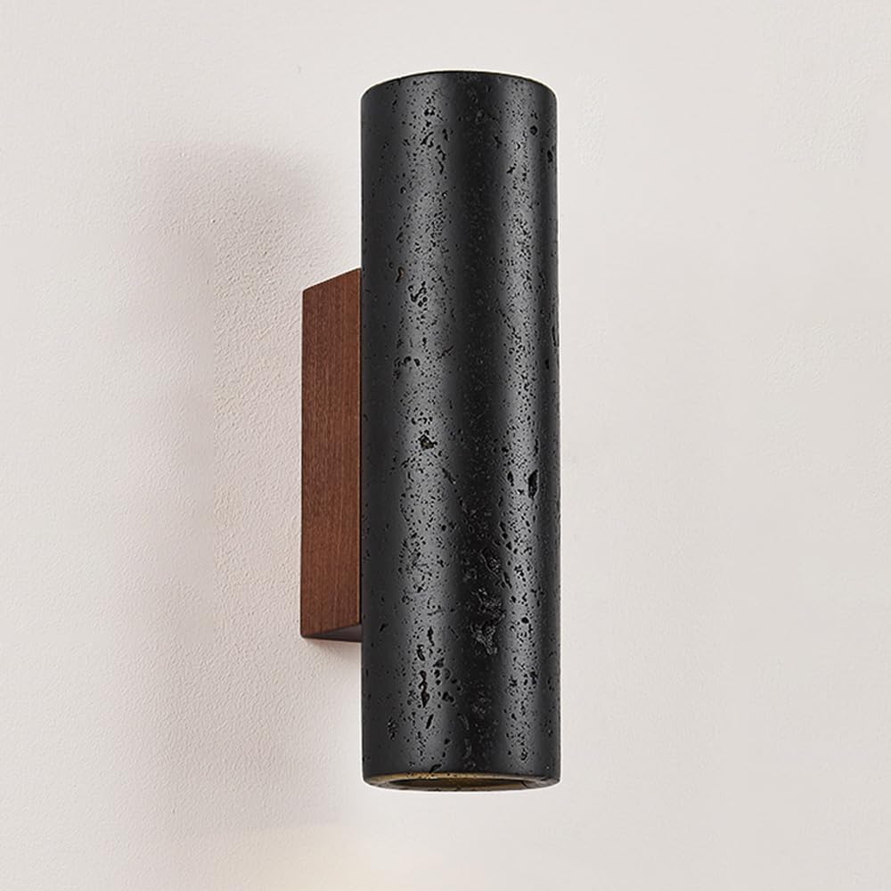 TRIVIDHA Applique Murale Moderne en Pierre, Applique Murale en Marbre Noir, Base en Bois Massif, Éclairage Mural Cylindrique en Pierre pour Chambre À Coucher, Salle De Bain, Salon, Escaliers, Couloir