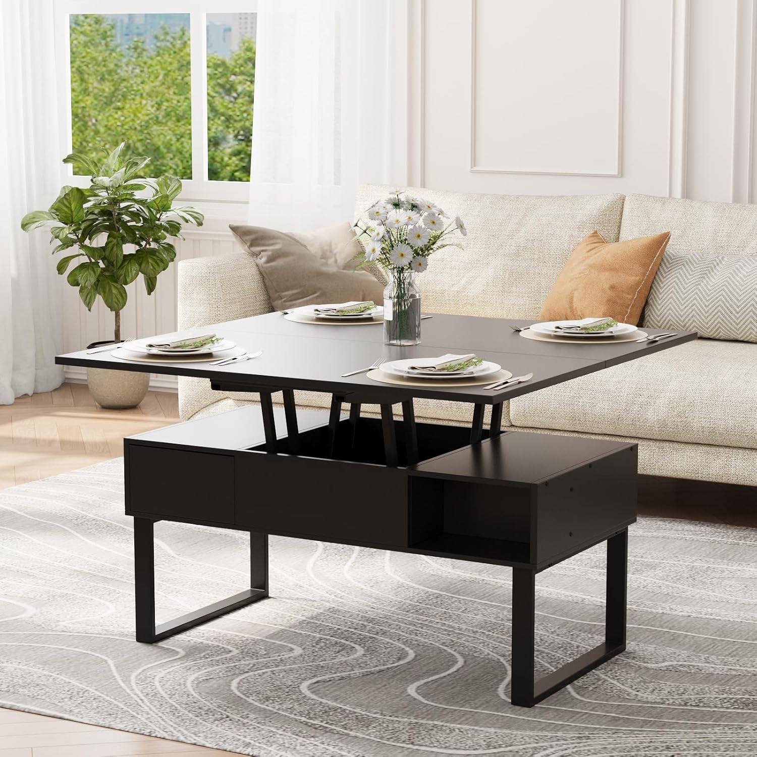 Table Basse Relevable en Hauteur, Table de Salon Multifonctionnelle 3 en 1 avec 2 Tiroirs et Rangement Caché, pour Salon, Bureau (Noir)