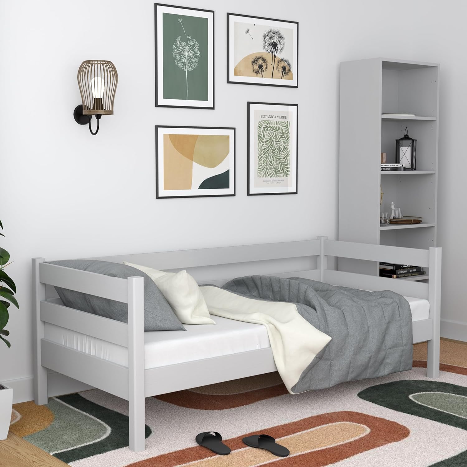 N01 Lit en Bois Massif 90x200 cm, Canapé-lit, Sommier à Lattes, Lit pour Enfants, Adolescents et Adultes, Bords arrondis sûrs, Vernis de Haute qualité et écologiques, Gris