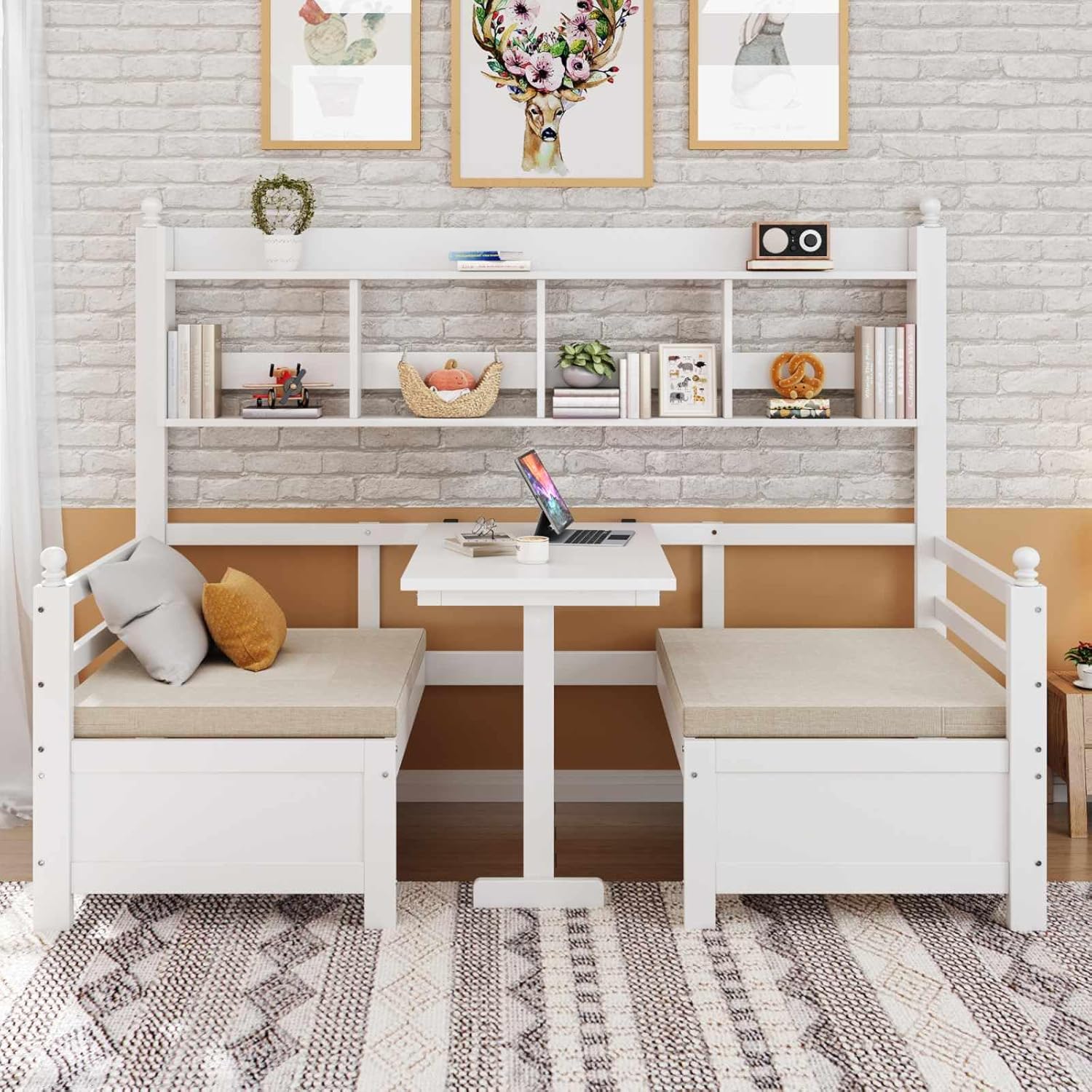 Canapé-lit en Bois Massif 90x200cm avec étagères et Coussins,Multifonctionnel lit et Table 2 en 1,pour Appartement,Chambre d'amis,Bureau à Domicile(sans Matelas) (Blanc)