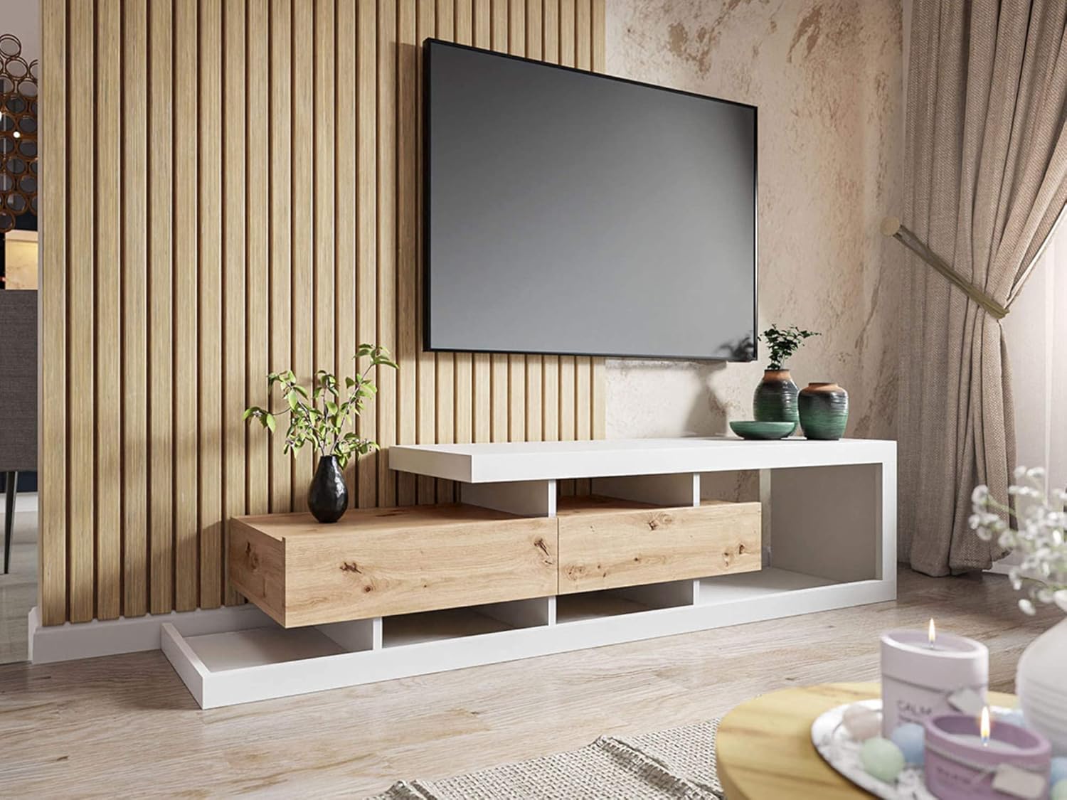 Best Mobilier - Meuble TV Olga Rectangulaire en Bois Blanc avec Rangements 2 Tiroirs 4 Niches - Salon Scandinave