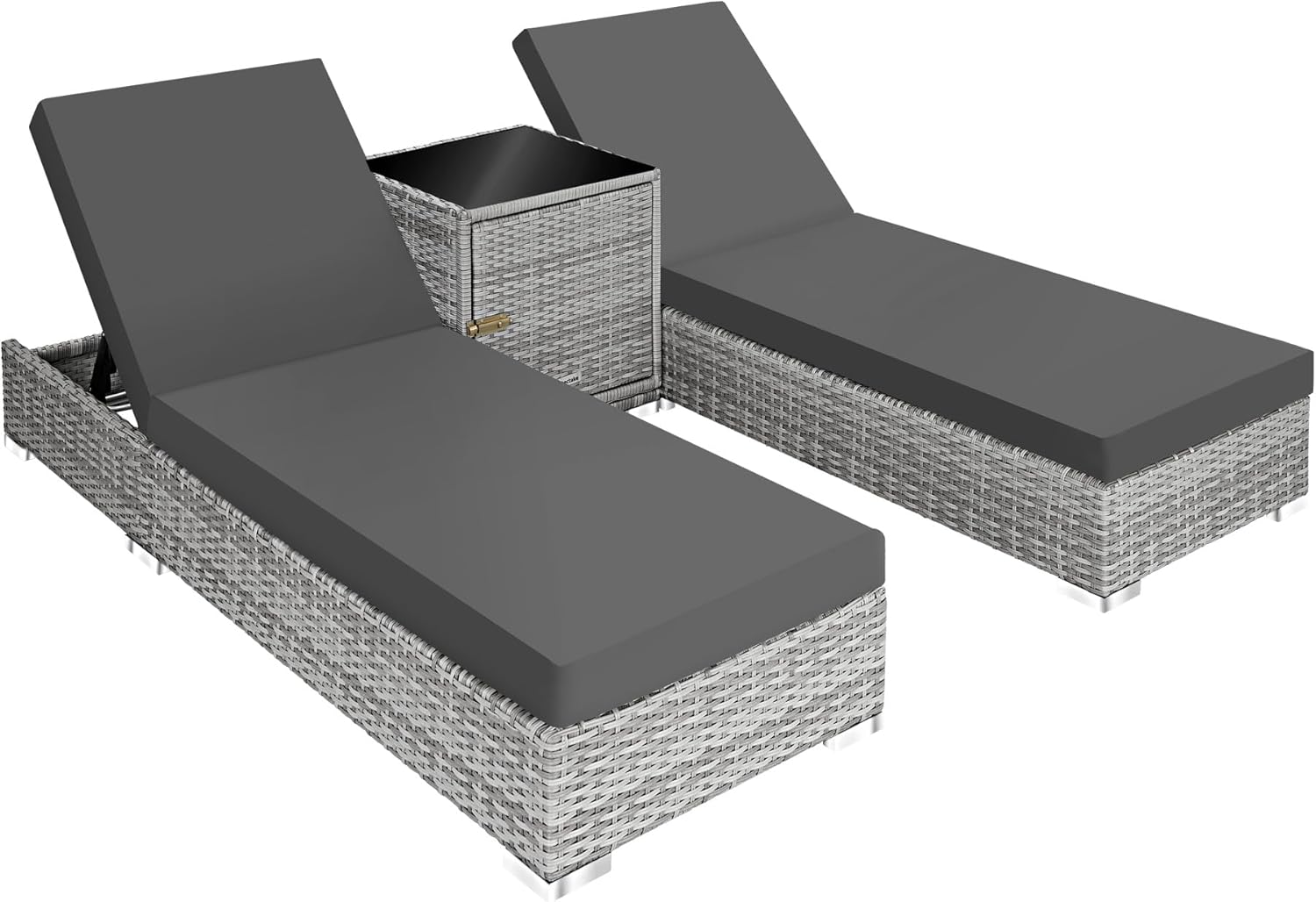 ® Set de 2x Chaise Longue Bain de Soleil avec Dossier réglable + Table de Jardin en Aluminium et Resine Tressee + 2 Set de Housses + Housse de Protection Piscine Balcon Jardin - Gris Clair