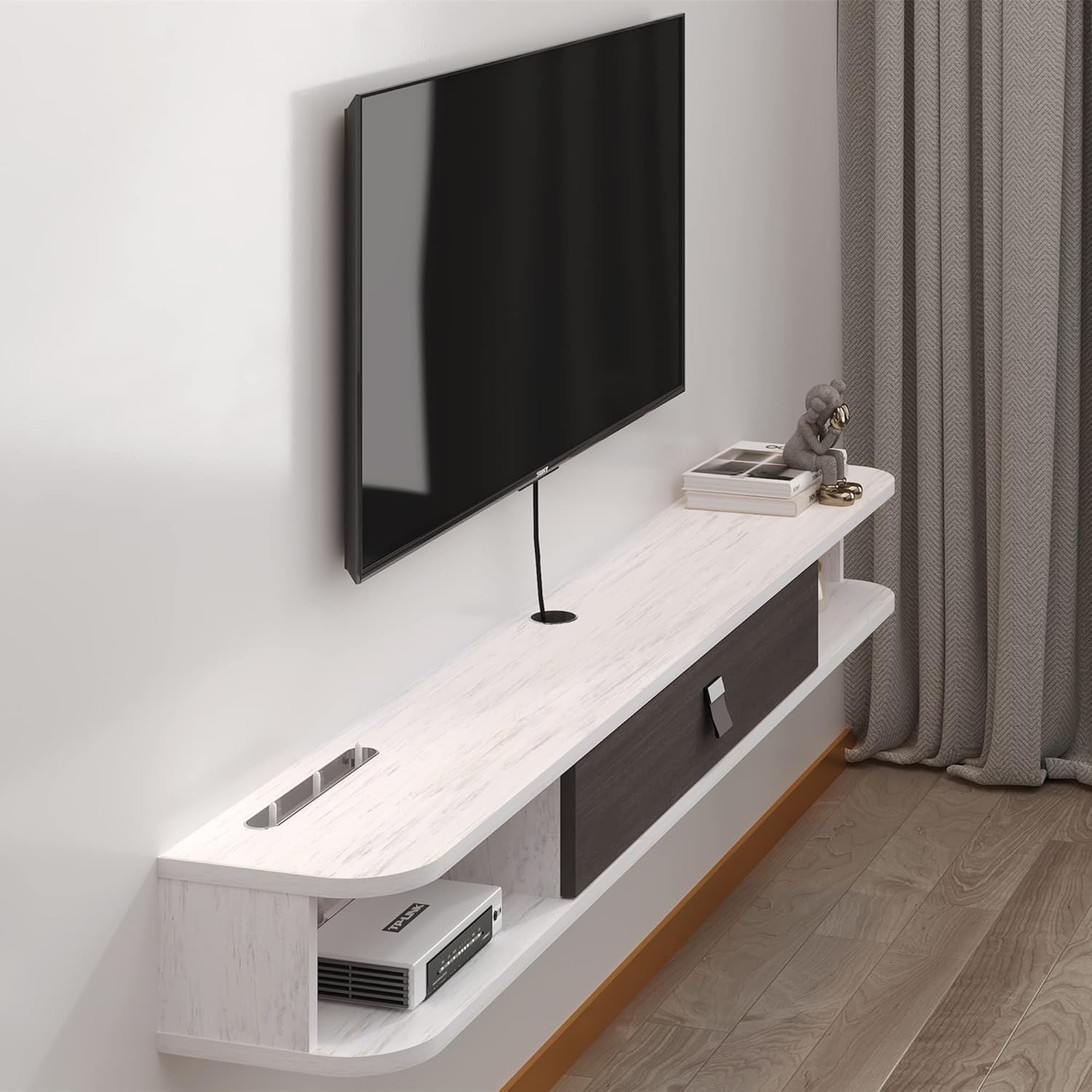 Étagère TV flottante en bois, Suspendu Etagere avec Rangement, Support TV Mural Meubles Armoire with Doors