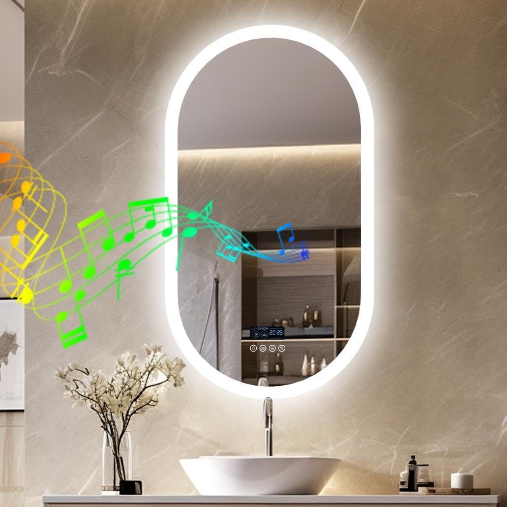 Miroir Salle de Bain Ovale: 50x80cm Miroir LED Mural avec Éclairage Miroir Lumineux Antibuée Bluetooth Miroirs Toilette 4 Tactile avec Horloge Horizontal ou Vertical