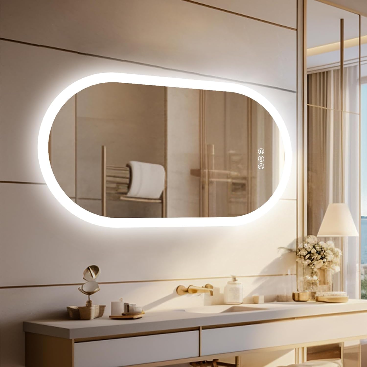 120x60cm Miroir Ovale Salle de Bain avec-Eclairage: 3000K/4000K/6000K Miroir LED Désembuage Miroir Connecté Salle de Bain Fonction Mémoire Horizontal ou Vertical