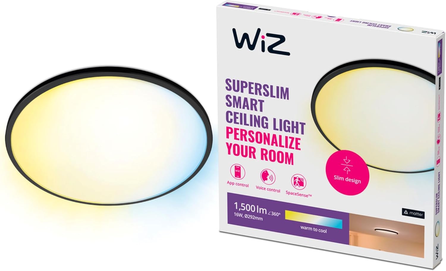 Plafonnier Connecté Wi-Fi SuperSlim noir, 2700-6500K, 16W, Nuances de Blanc, fonctionne avec Alexa, Google Assistant et Apple HomeKit