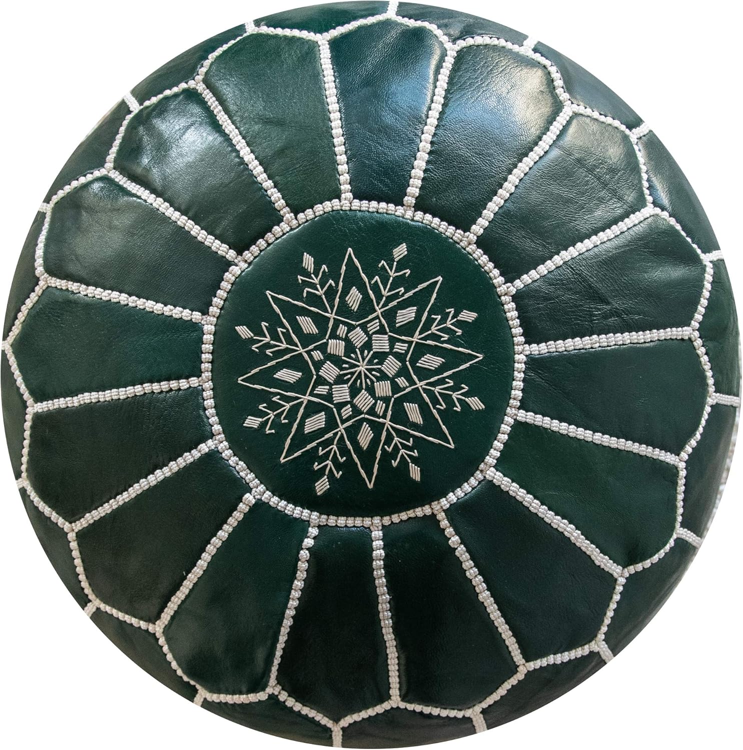 Pouf Artisanal Marocain en Cuir Véritable Fait Main - Vendu Rembourré - Repose-Pied, Coussin de Sol, Ottoman (Vert)