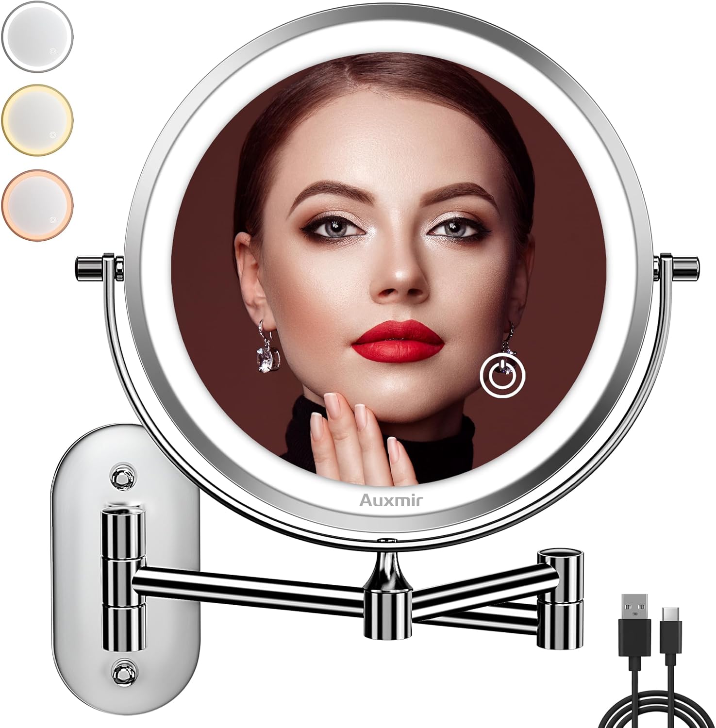 Miroir Grossissant Lumineux Mural x20, LED Miroir Maquillage Mural avec 3 Modes de Couleur, 1X/20X Grossissement Charge USB, Écran Tactile, 360° Pivotant et Extensible pour Salles de Bain