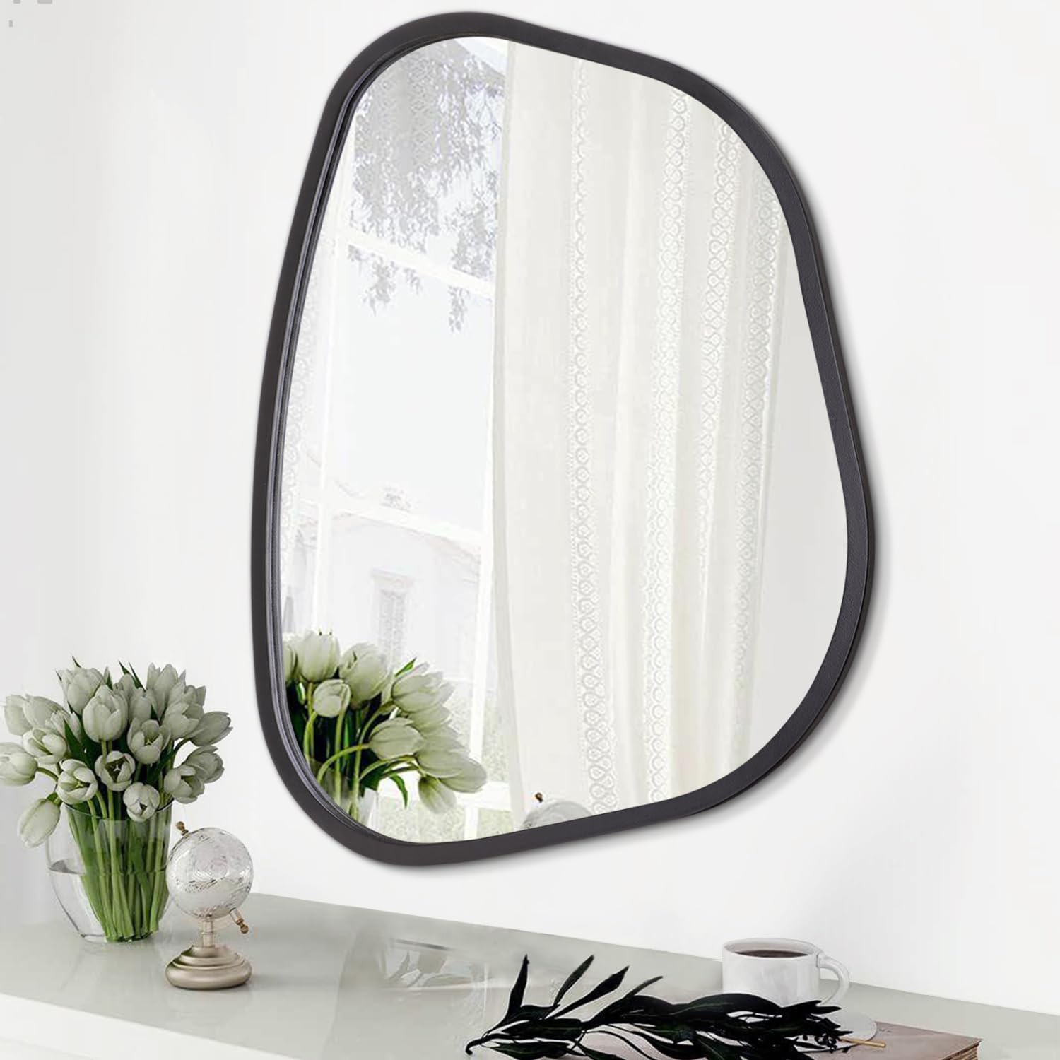 Grand miroir asymétrique noir 50,8 x 40,6 cm, miroir mural ovale irrégulier avec cadre en bois de forme unique, miroir artistique décoratif pour salon, chambre à coucher, salle de bain,