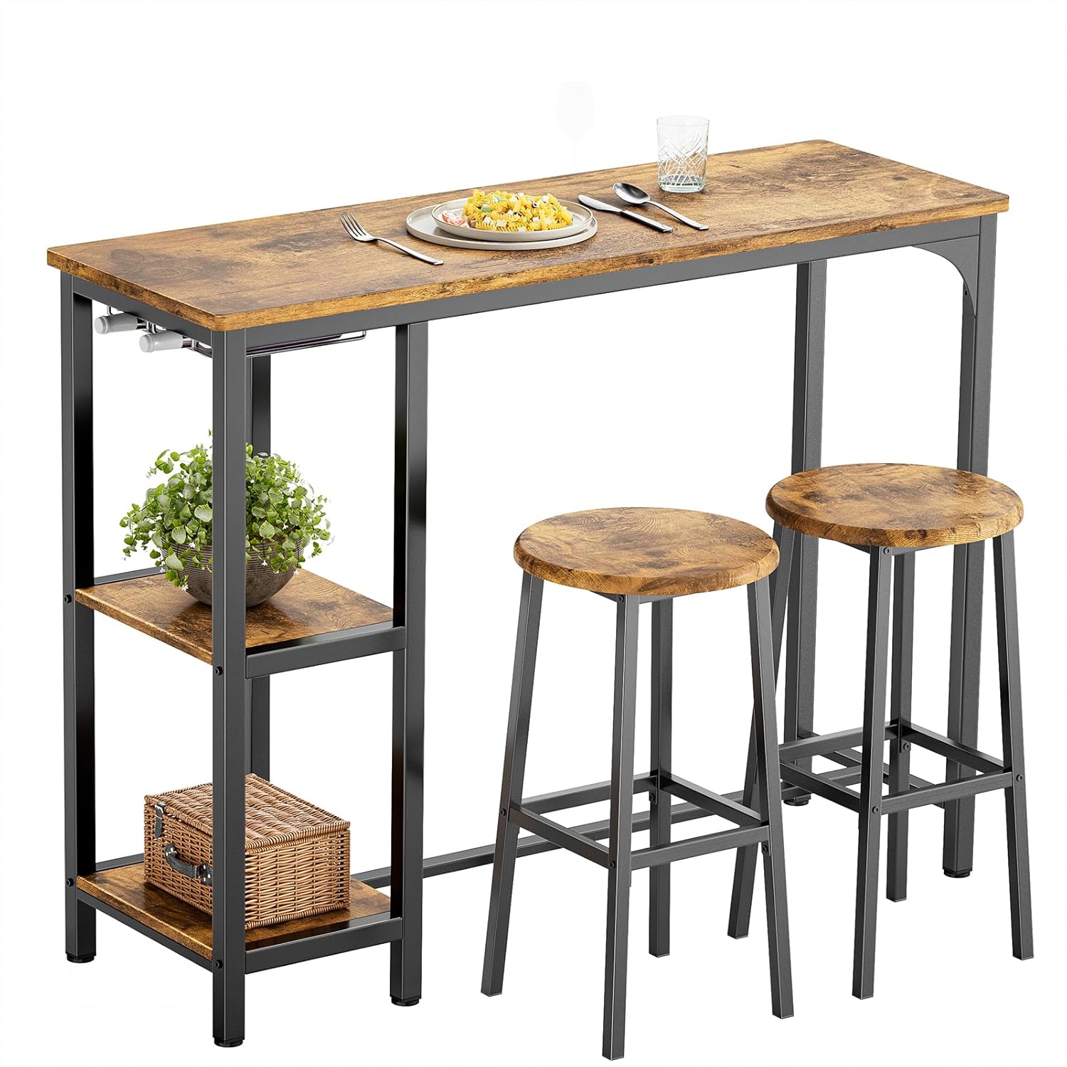 Ensemble Table de Bar avec Tabourets，Table à Manger Debout avec 2 chaises de Bar,Table Haute Cuisine avec avec 2 étagères et Porte-Bouteille de vin,pour Cuisine, Salon
