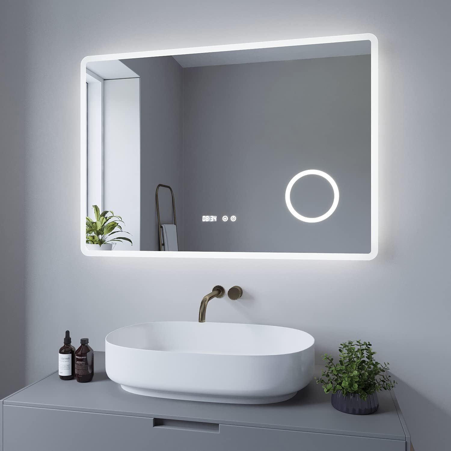 Miroir de Salle de Bain avec éclairage LED et Horloge, Miroir Mural avec éclairage LED,100x70cm BORAS Type D - Blanc Froid 6400K, Anti-buée, Interrupteur Tactile dimmable, Horloge numérique, 3X loupe