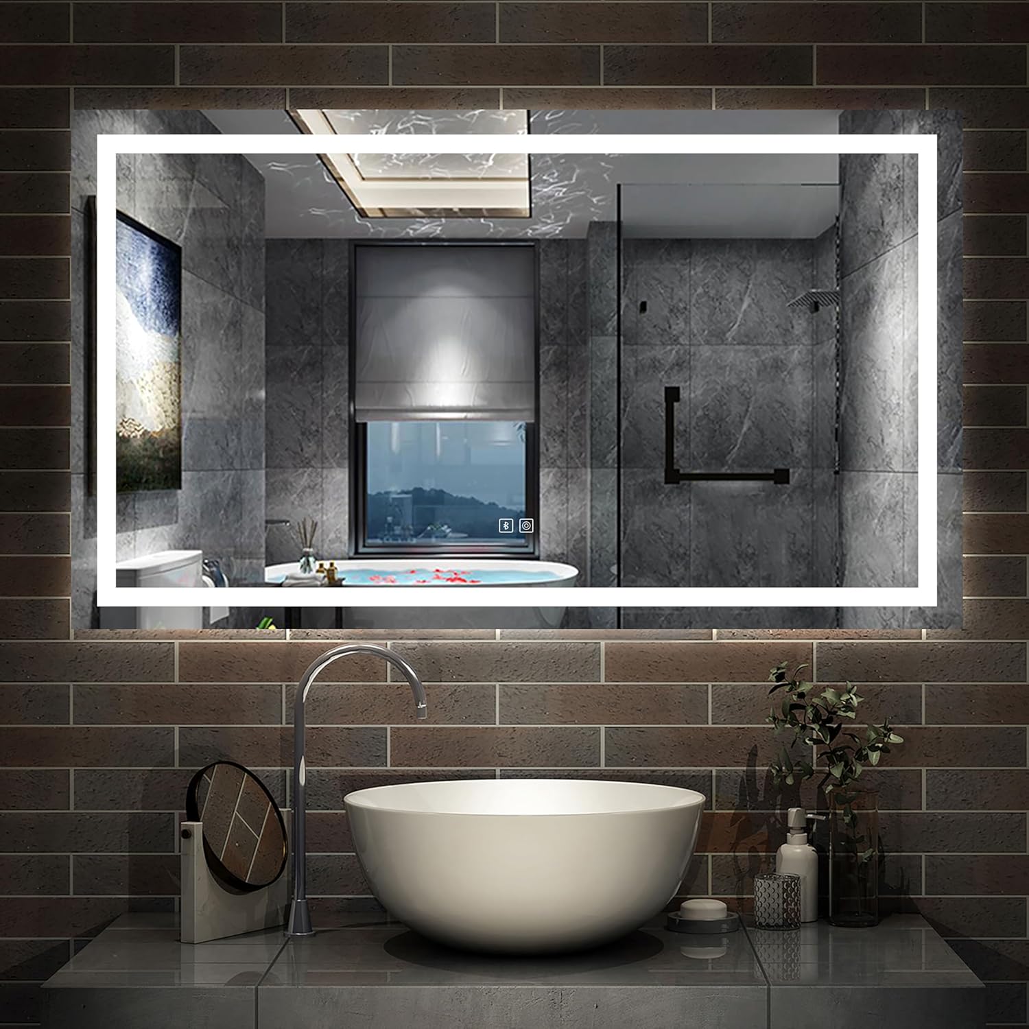 AICA Miroir de Salle de Bain 100x60cm LED avec Bluetooth, Miroir Lumineux avec 3 Couleurs + Dimmable + Anti-buée,Miroir Mural Interrupteur Tactile Étanche