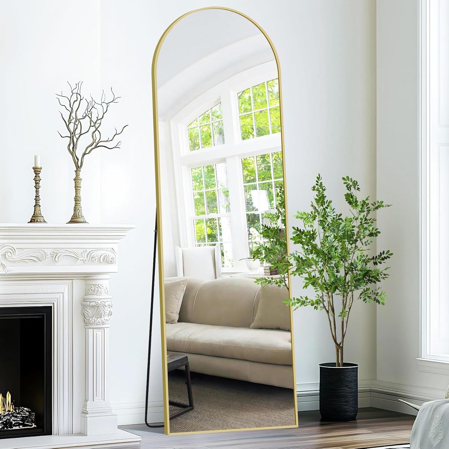 Weare Home Miroir sur Pied, 150 x 40 cm, Arqué Miroir Pleine Longueur, Miroir Arqué avec Cadre en Métal, Support, Miroir sur Pied Penché ou Suspendu pour Salon, Chambre, Entrée(Doré)