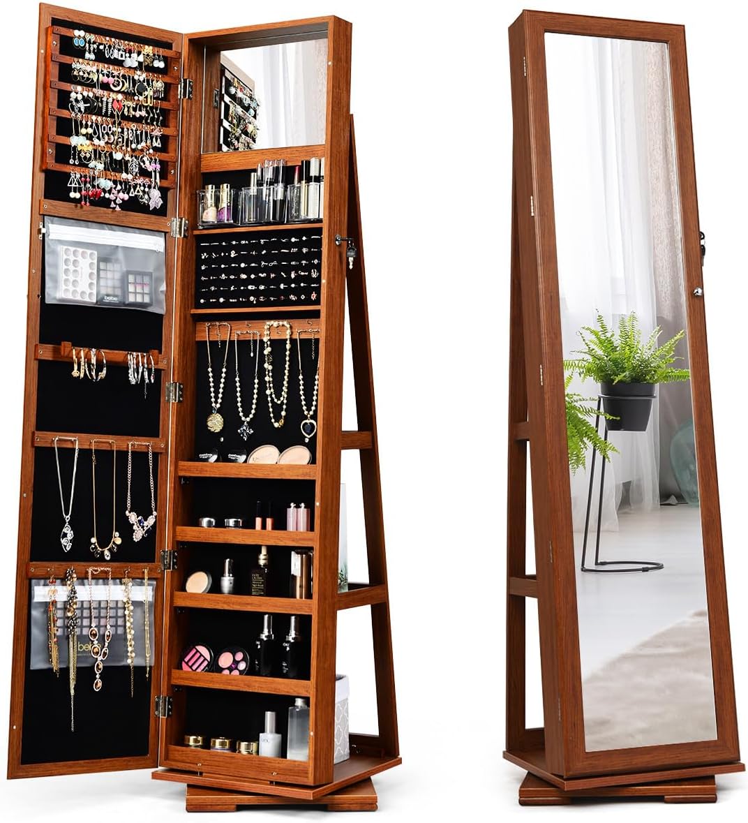 Armoire à Bijoux Pivotante à 360 Degrés, Organisateur de Bijoux sur Pieds, avec Grand Miroir Psyché et Etagère de Rangement à L’Arrière (Café)