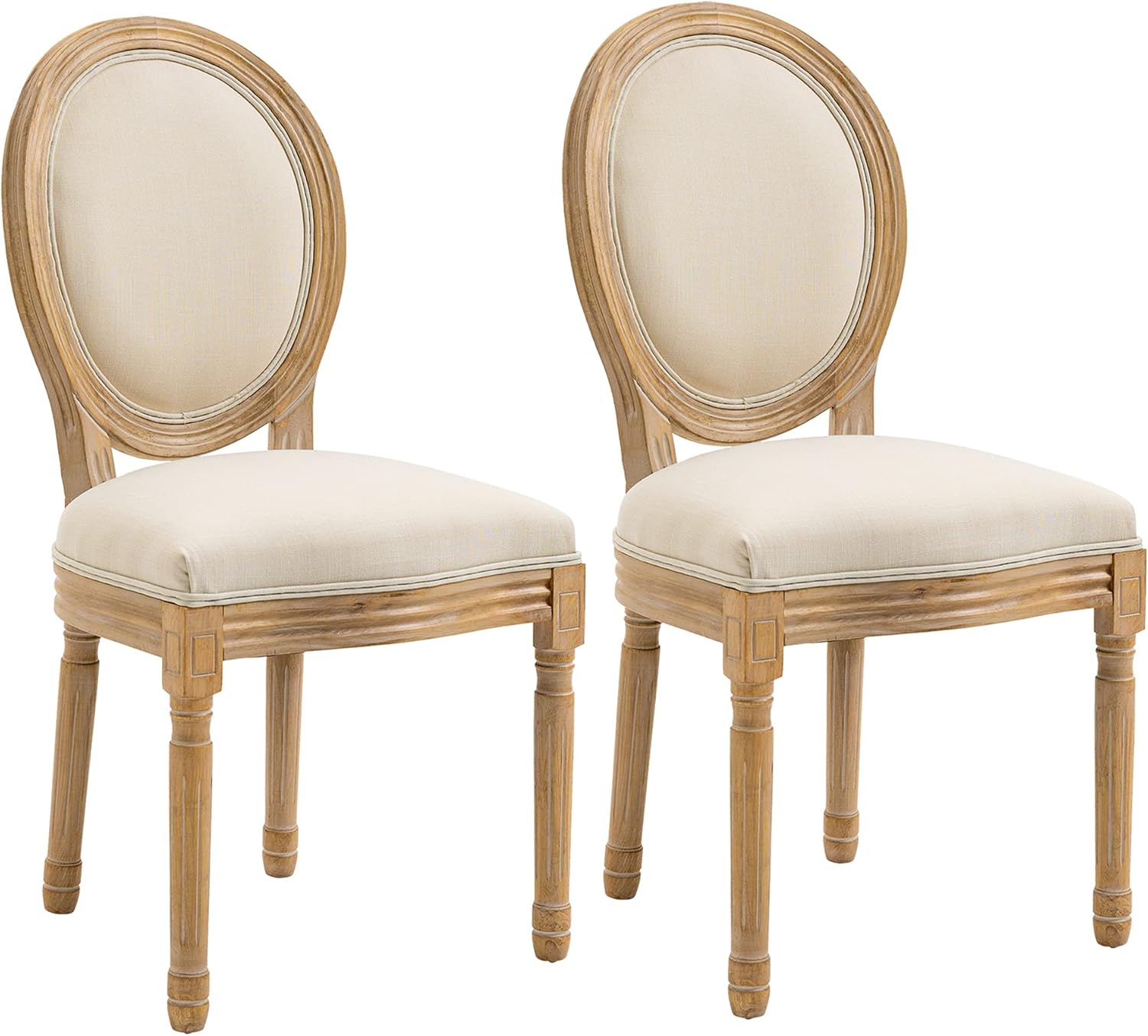 Lot de 2 chaises de Salle à Manger - Chaise de Salon médaillon Style Louis XVI - Bois Massif sculpté, patiné - Aspect Lin Beige