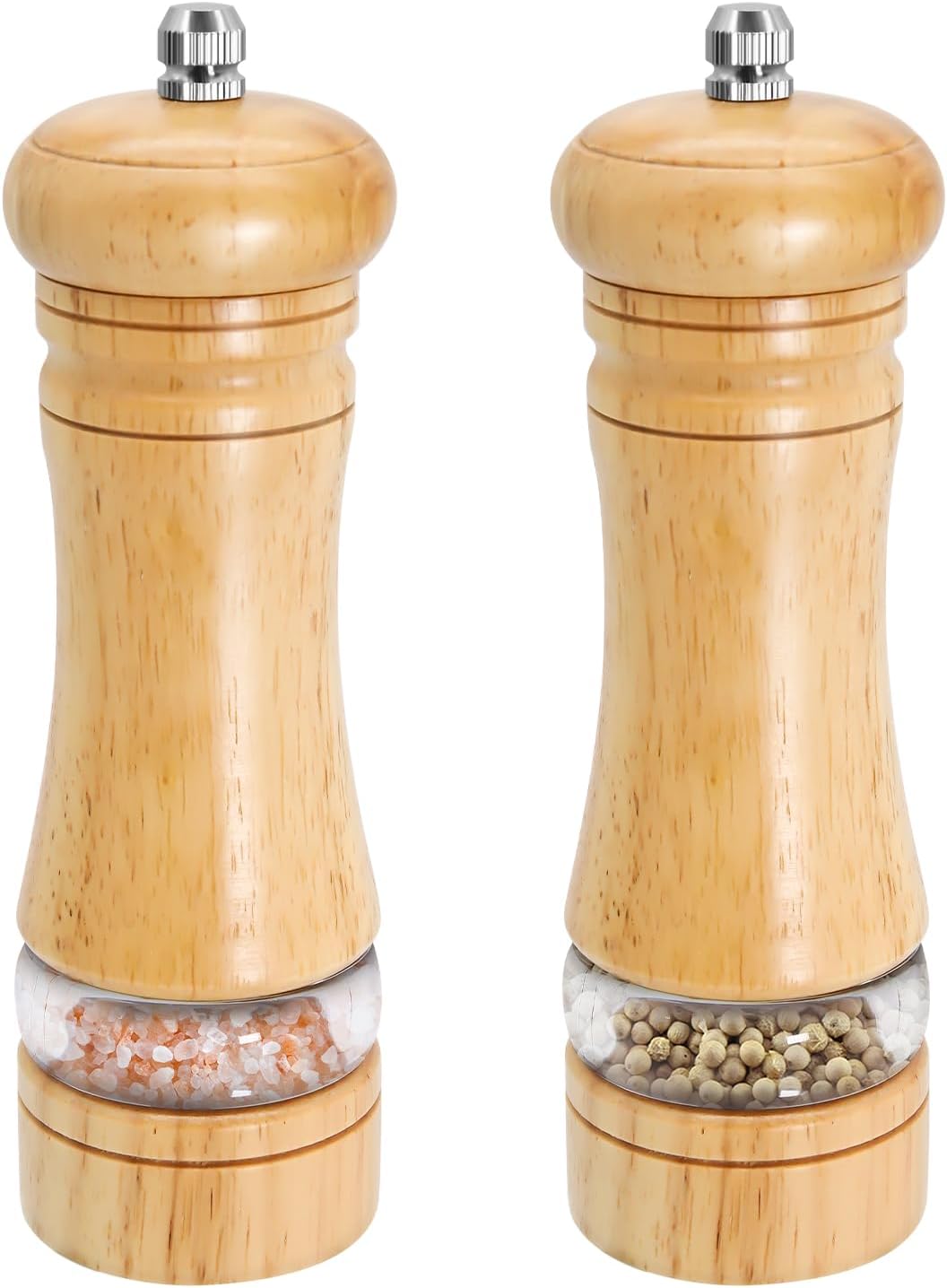 Lot de 2 moulins à poivre en bois avec moulin à poivre manuel en bois massif réglable avec soucoupe et fenêtres transparentes (17 cm)