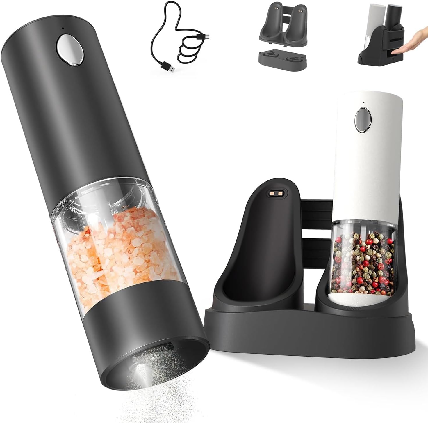 Moulin à Poivre Électrique avec Base de Charge Facile à Transporter pour Poivre Noir Épices Gros Sel Marin Mouture Ensemble Lumière LED Blanche Opération à Une Main Grossièreté Réglable