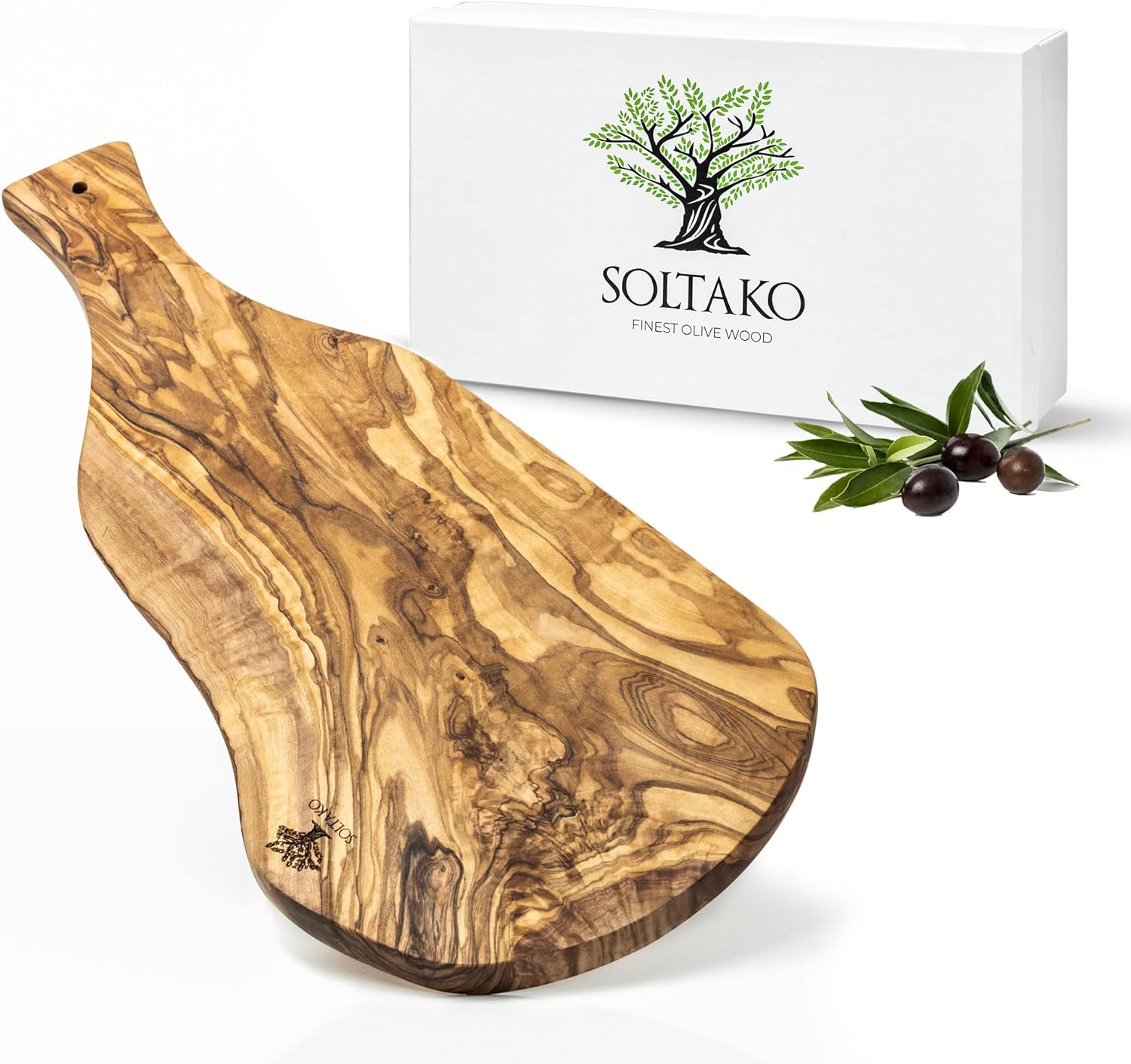 Planche à Découper en Bois d’Olivier, Planche Rustique avec Manche, Planche Fromage, Planche Robuste, Plateau Apéritif, Planche Apéro artisanale (Long - env - 40-43cm)