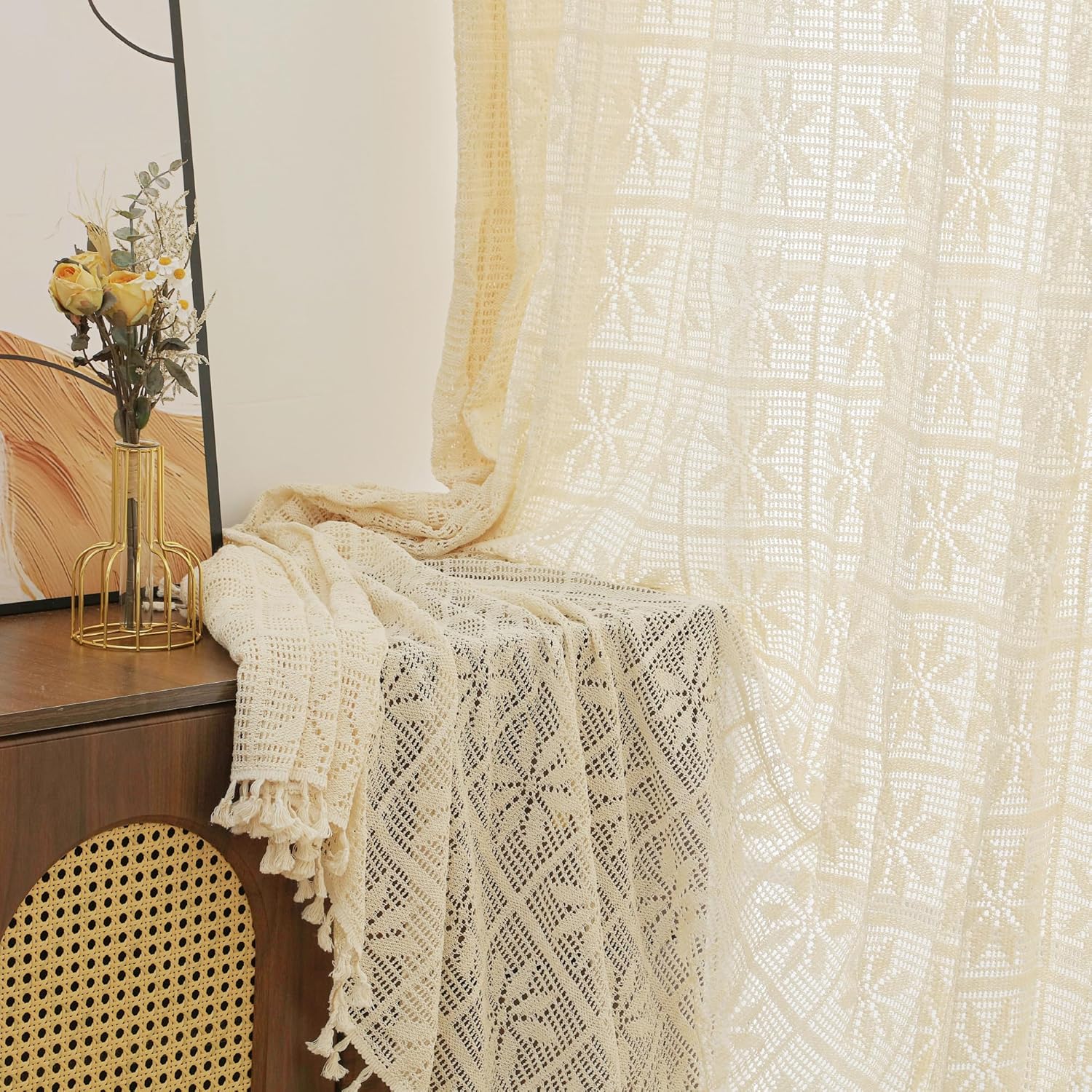 RUIXUAN Lot de 2 rideaux bohèmes vintage - Style maison de campagne - En coton - Beige - Avec pompon - Pour salon, chambre à coucher - 150 x 230 cm (l x H)