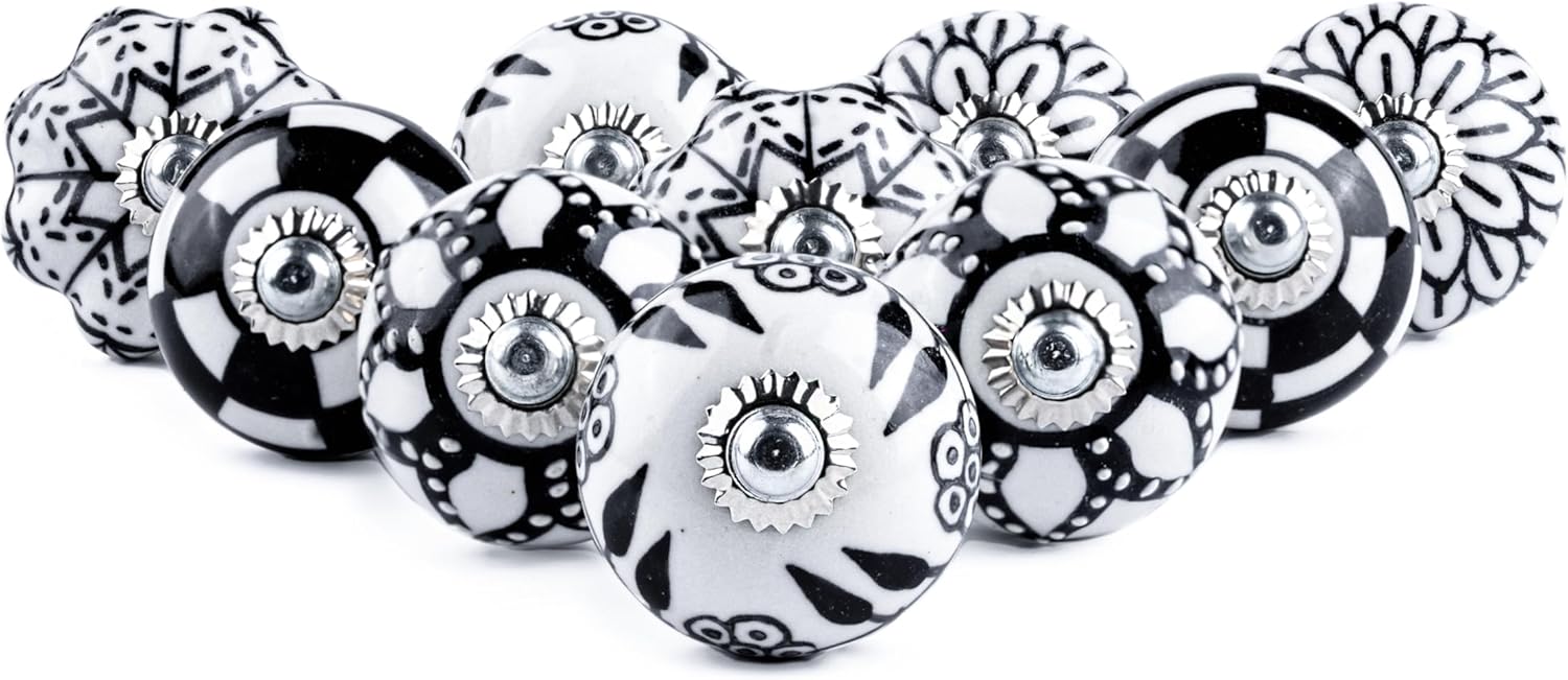 Lot de 10 boutons en céramique pour armoire, commode, tiroir et meubles peints à la main Style bohème antique Noir et blanc