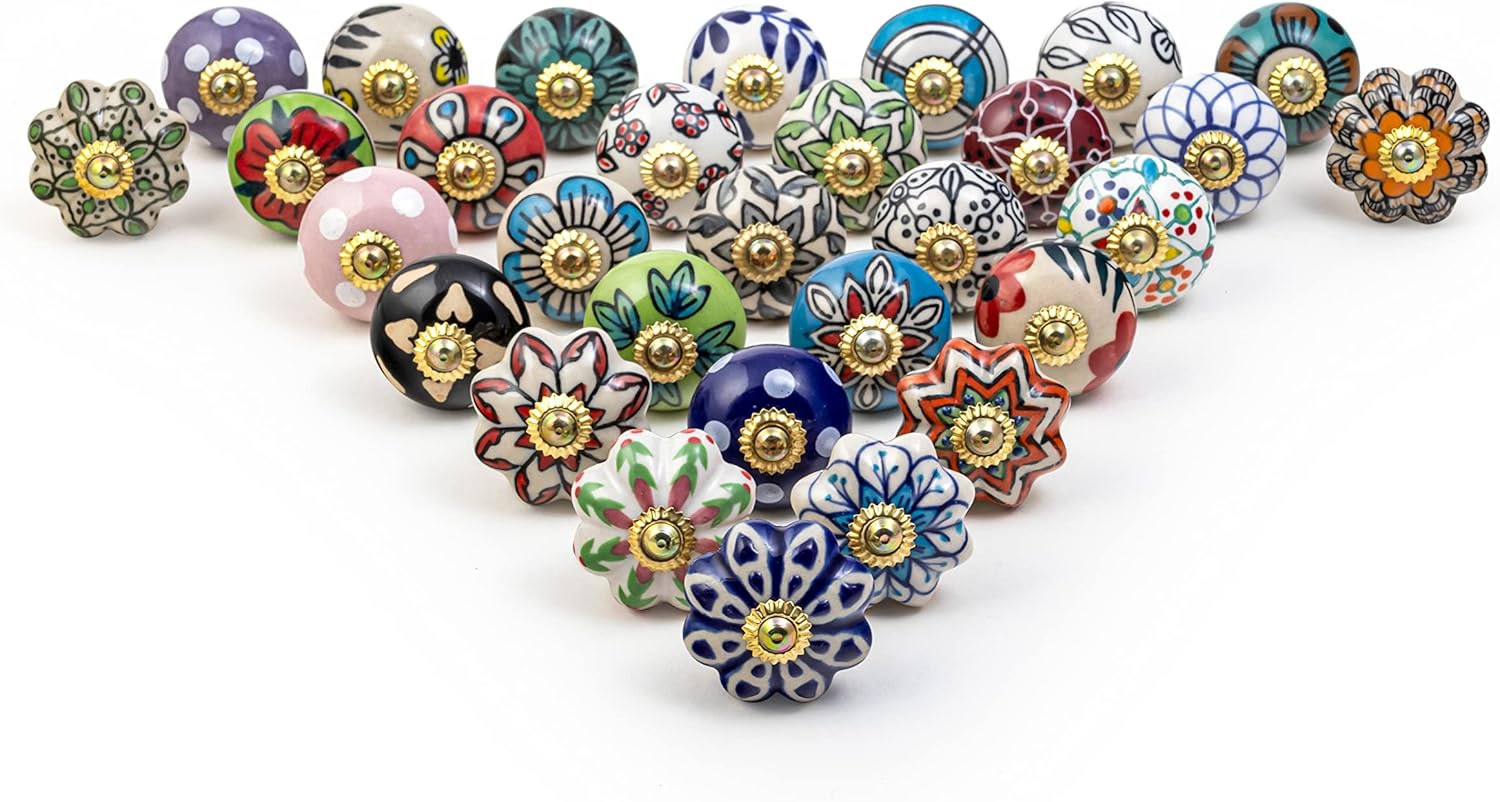 Pack de 30 boutons de tiroir et de meuble en céramique multicolore peints à la main, de style antique floral rond pour armoire
