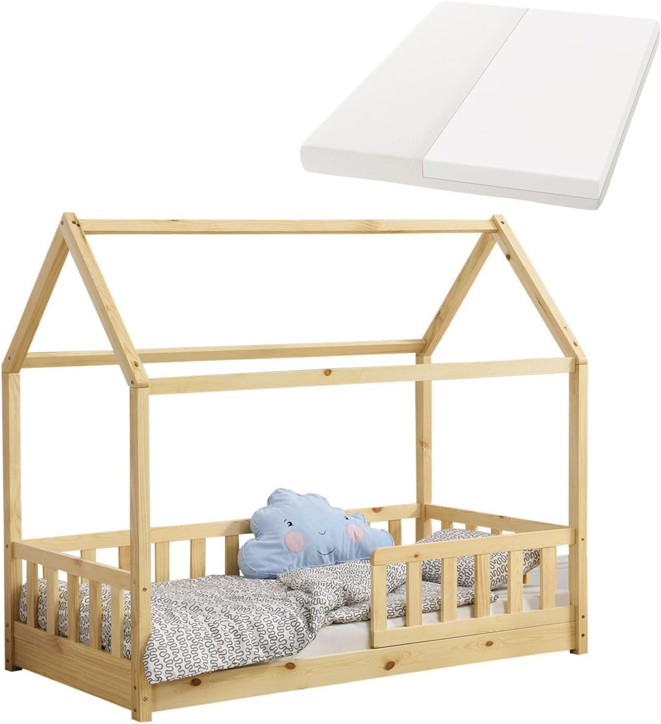 Lit cabane Enfant Marli 80x160 cm avec Protection antichute, sommier à Lattes, Matelas et Toit, Lit Maison Montessori en Bois Massif, Nature