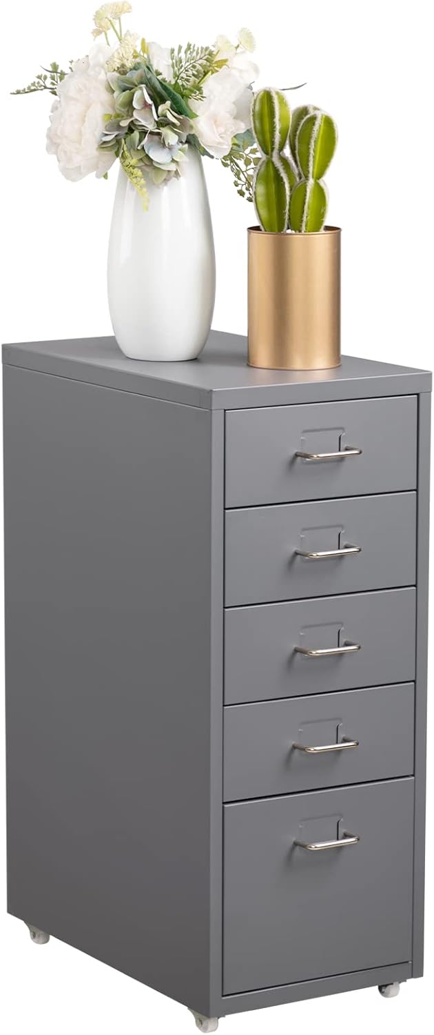 Caisson Métallique à 5 Tiroirs, Organisateur de Classement Roulant pour Bureau, Meuble de Rangement Moderne avec roulettes pour Maison et Bureau, Gris