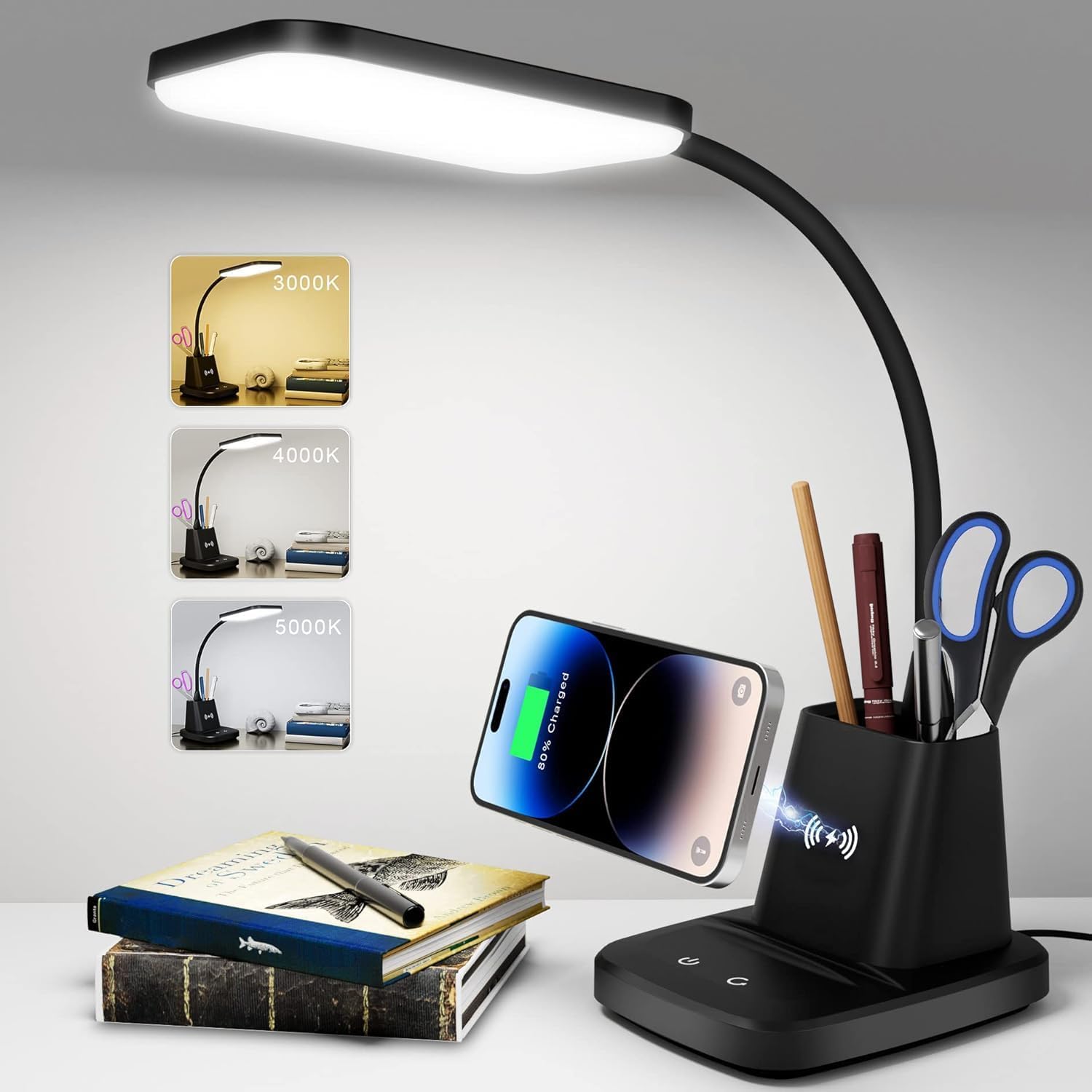 Lampe de Bureau LED Avec Chargeur Sans Fil et Porte-Stylo - 3 Modes de Couleur, Intensité Variable - Pour Bureau à Domicile et Dortoir - Noire