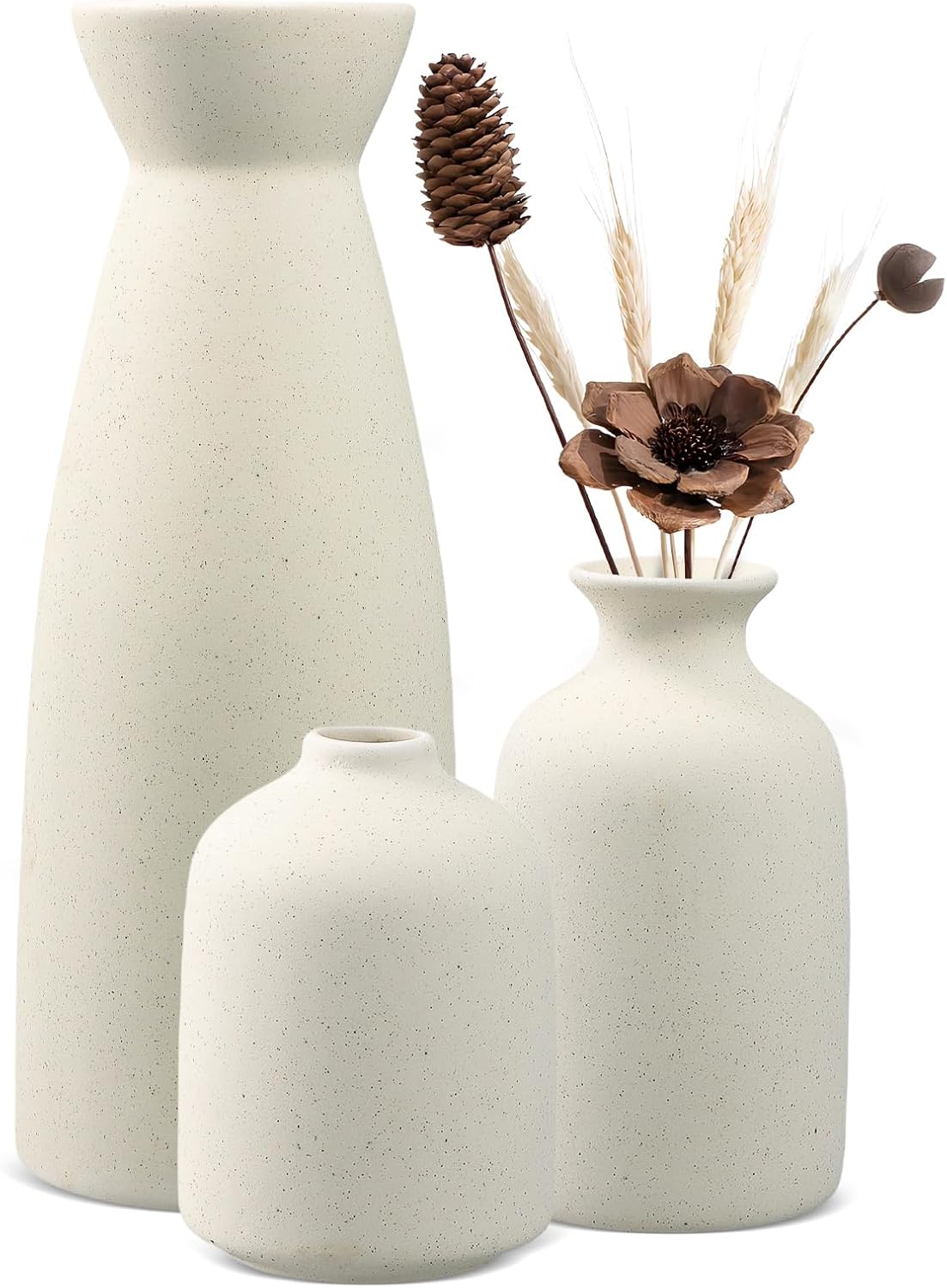 Mapille 3PCS Ceramic Vase Set, Minimalist Bohemian Decoration Vase Décoratif, Vases en Céramique Blanche, Vase Fleur pour Les Fleurs Fraîches et Séchées, Herbe de Pampas