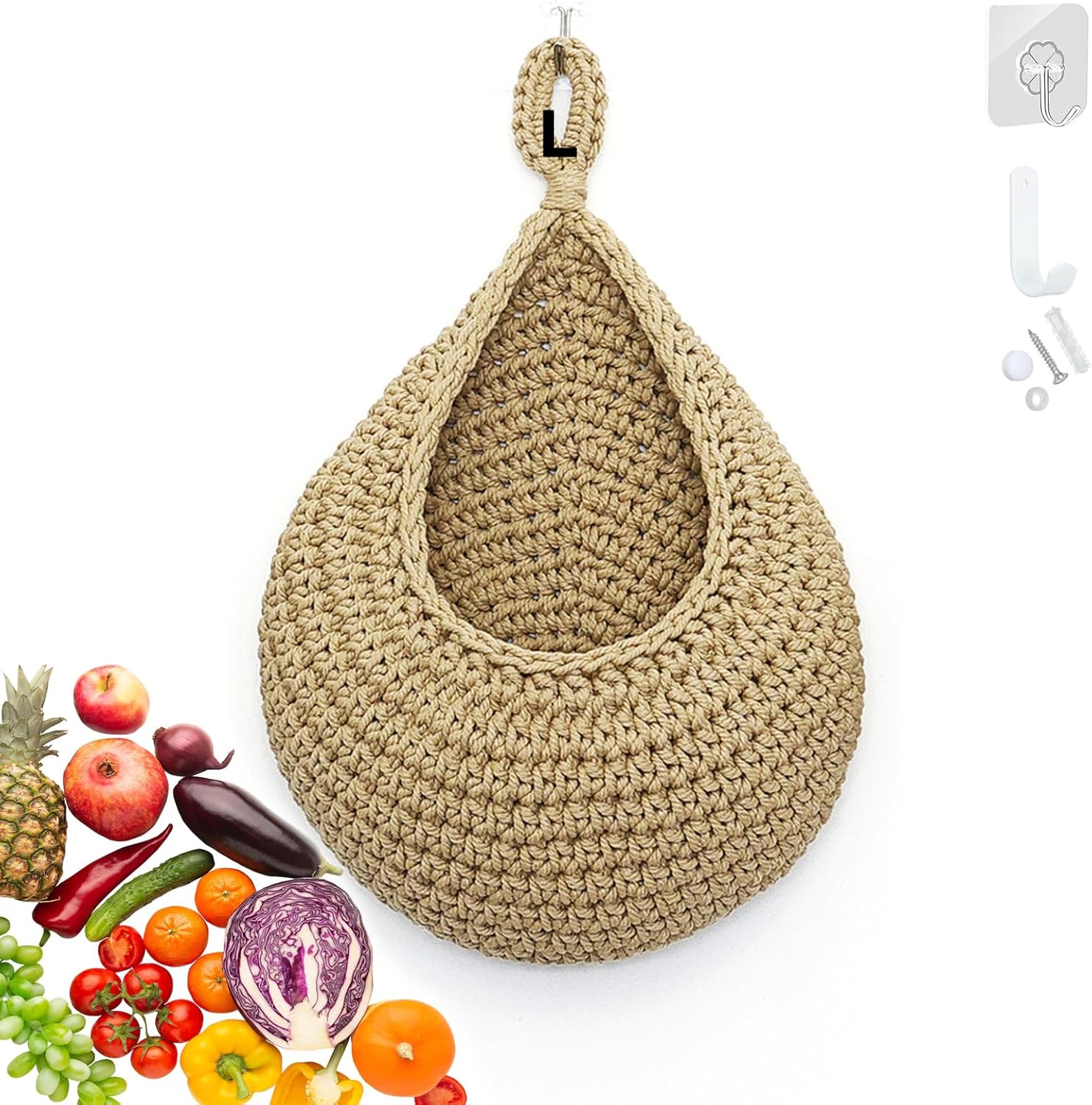 Panier Suspendu Rangement Cuisine, Corbeille à Fruits Suspendue, Panier Mural Fait Main Tressée avec Crochets, Organisateur de Cuisine Murale, Corbeille Tissé pour Fruits, Légumes (Brun, Grandes)