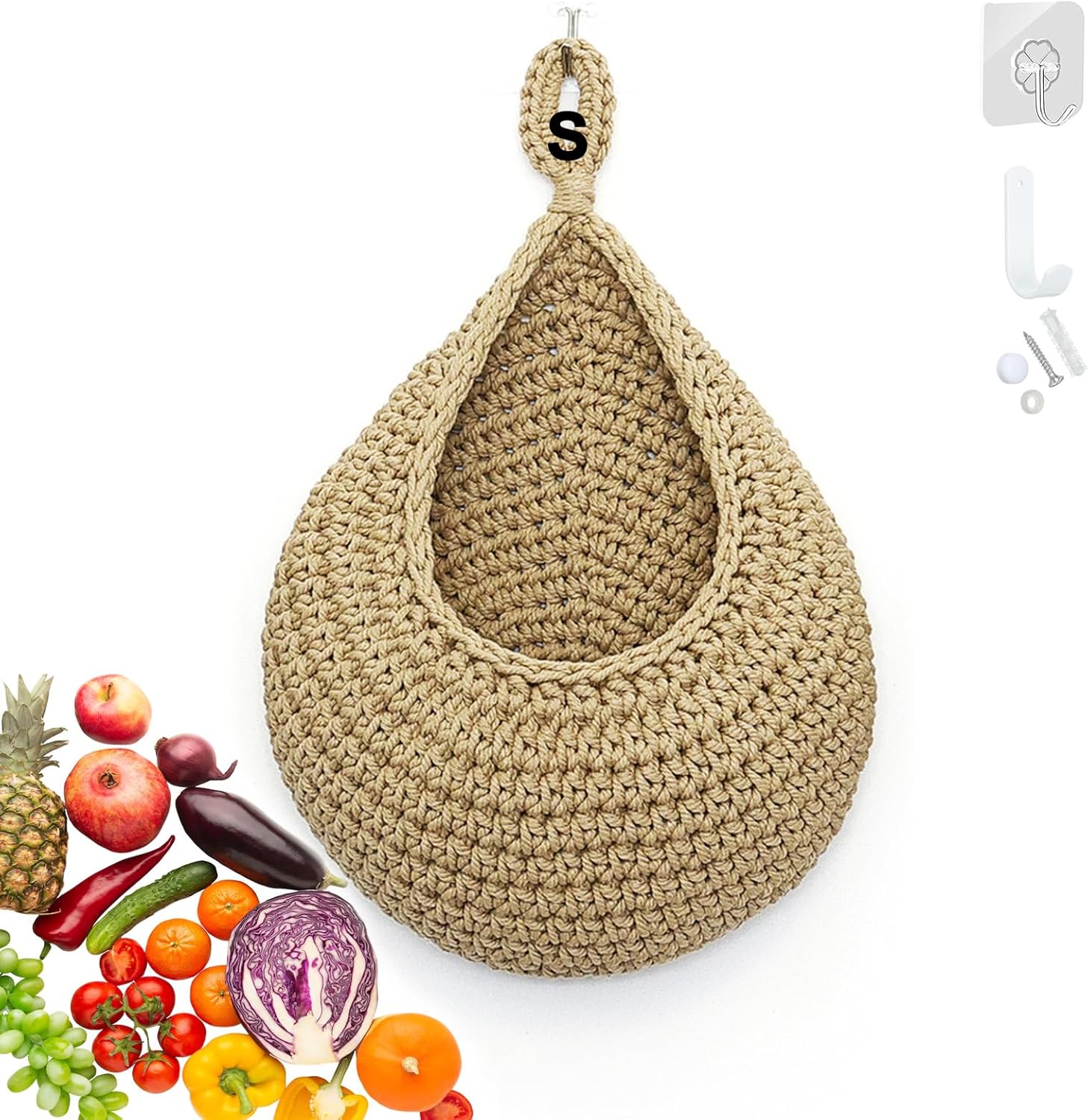 Panier Suspendu Rangement Cuisine, Corbeille à Fruits Suspendue, Panier Mural Fait Main Tressée avec Crochets, Organisateur de Cuisine Murale, Corbeille Tissé pour Fruits, Légumes (Brun, Petit)