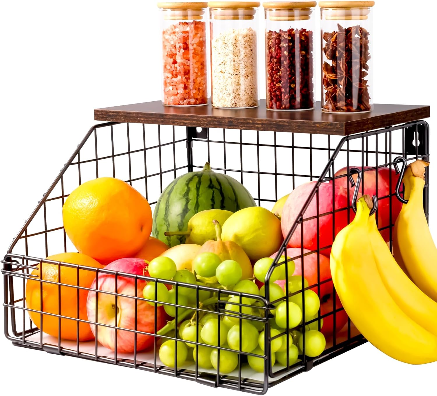 Corbeilles à Fruits en Métal à Suspendre Panier a Fruit de Mural Empilable et Montable au Mur avec Couvercle en Bois pour Rangement Fruits et Légumes- 30*30*20cm