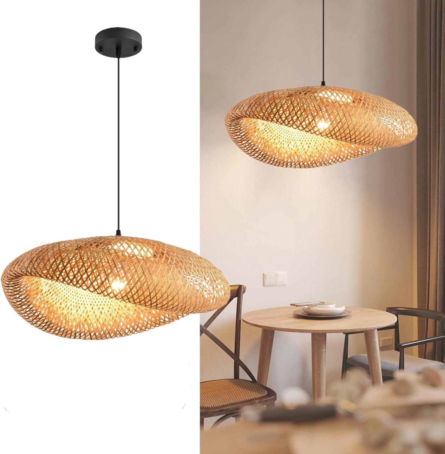 CNMKLM Suspension En Bambou Lustre Boho En Rotin Tressé À La Main Luminaire Suspendue En Osier Naturel Plafonnier Lampe De Plafond Pour Îlot De Cuisine Salle À Manger Salon Chambre À Coucher(60CM)