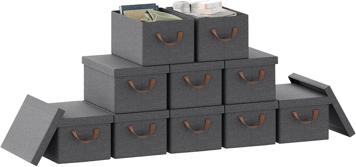Lot de 10 Boîtes Rangement, Boîte de Rangement avec Couvercle, Panier Rangement, Design Pliable, Coffre de Rangement en Tissu, avec Poignée, Gris, 38x27x20cm