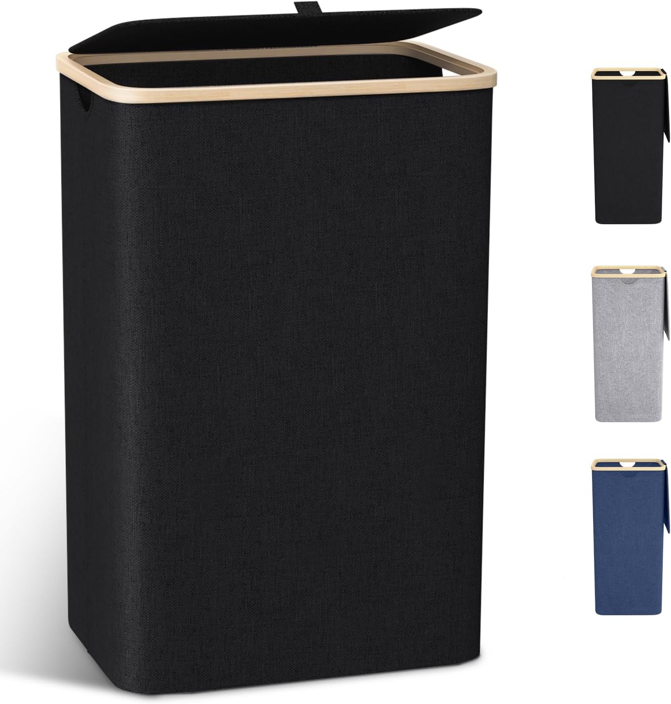 Panier à Linge avec Couvercle,100L Grand Corbeille à Linge avec Poignées en Bambou, Bac a Linge Laundry Basket Pliable XXL Pliable avec Sac Amovibles en Tissu Oxford,Noir