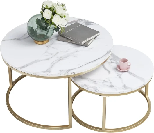 Lot de 2 tables basses en marbre doré avec 1 grande table basse ronde et 1 petite table, table d'appoint blanche en métal