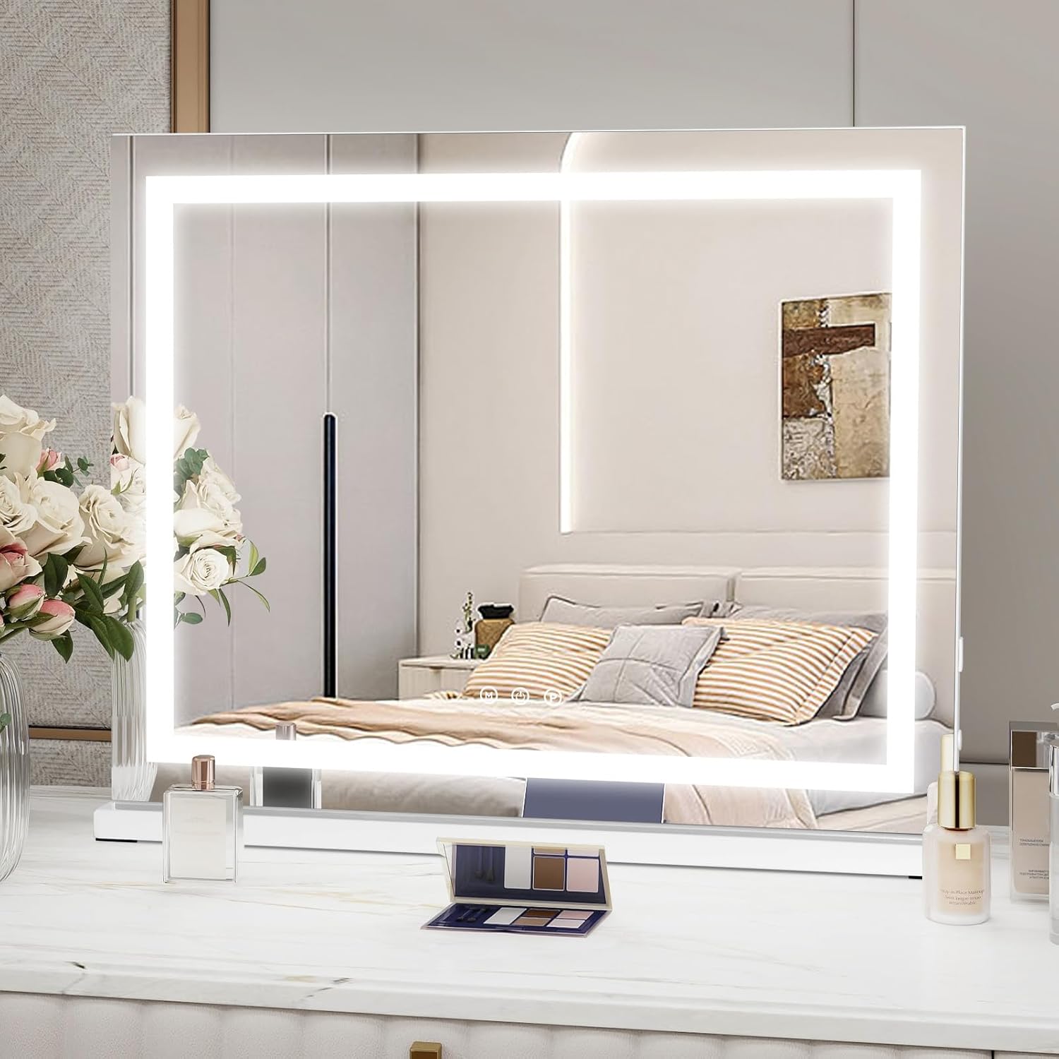 Miroir Maquillage Hollywood 58x48cm, pour Coiffeuse, avec LED à intensité Variable, 3 températures de Couleur, Touche tactile, Port de Chargement USB, Loupe 10x, Installation Murale/sur Table