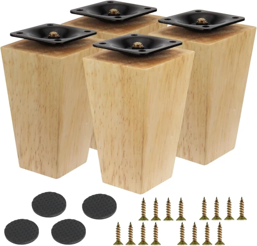 4Pcs Pieds de Meuble Bois Droit 10cm, Pieds Table Basse en Chêne Massif pour Canapé, Lit, Fauteuil, Table de Nuit, Armoire (Couleur Originale)