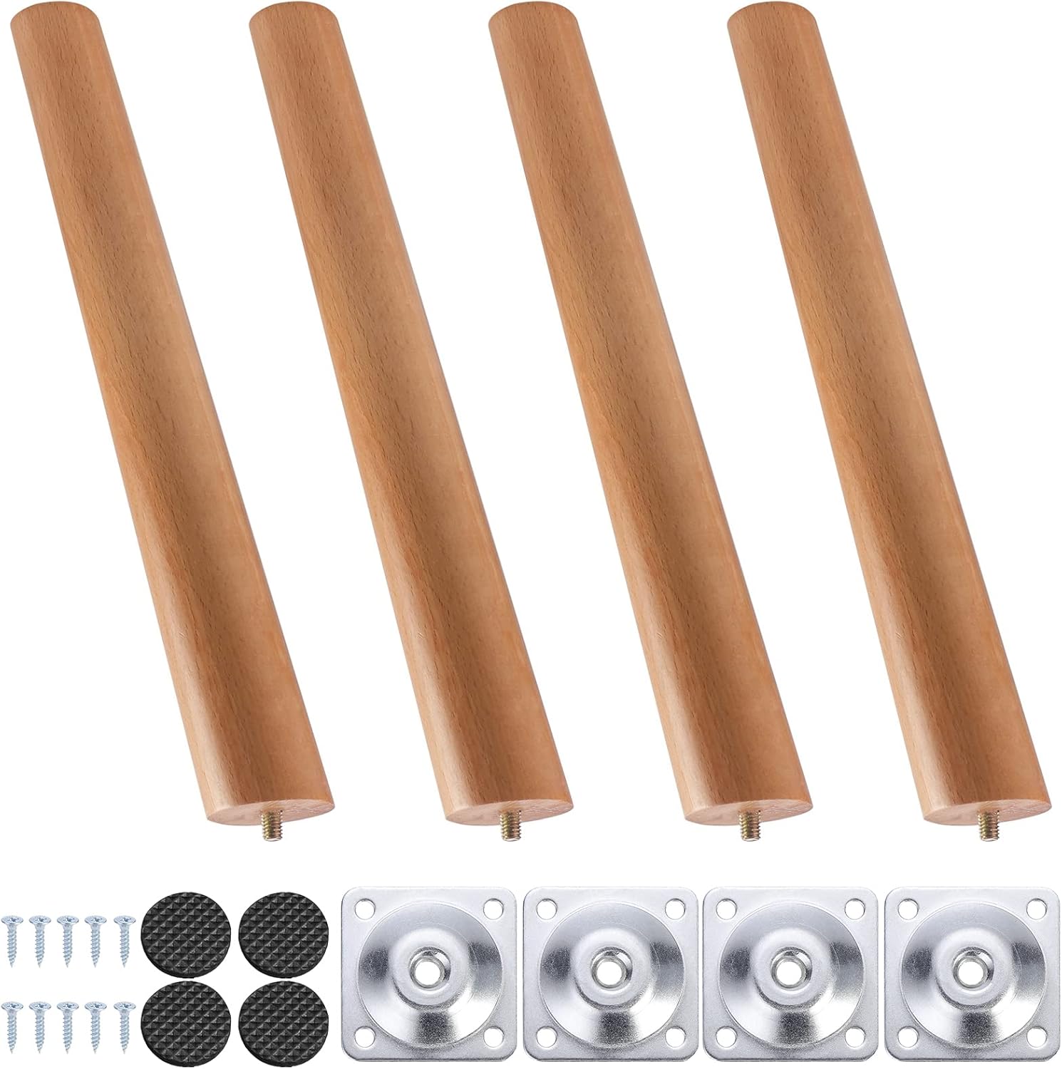 Lot de 4 pieds de table en bois massif conique de 33 cm avec plaques de montage et vis pour canapé, lit, armoire, canapé, chaise