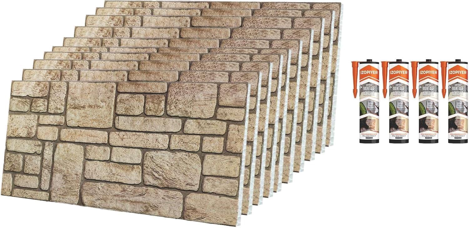 Lot de 10 panneaux muraux 3D en polystyrène imitation pierre, Pour cuisine, balcon, chambre à coucher, salon et crédence de cuisine, Traces antiques, 10 panneaux avec 4 adhésifs de montage 10 Panneaux + 4 Colles de Montage Antike Spuren