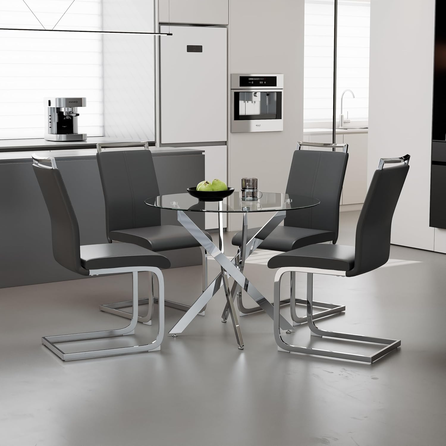 Table à Manger en Verre Ronde 80 cm avec 4 Chaises, Design Moderne, Chrome et Gris